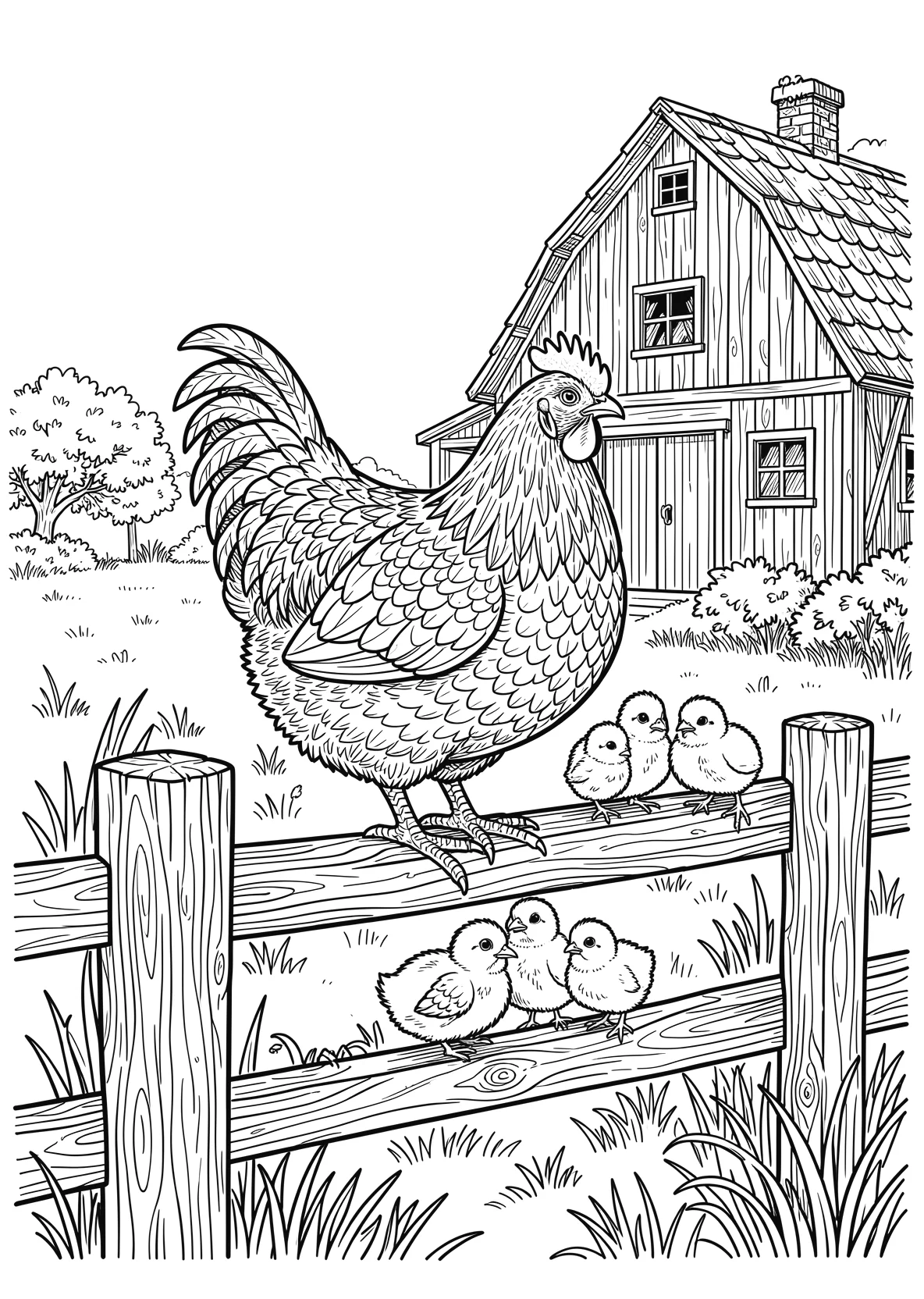 Ausmalbild Huhn sitzt auf einem Zaun mit Küken - Ausmalbild aus der Kategorie Tiere - kostenlos ausdrucken