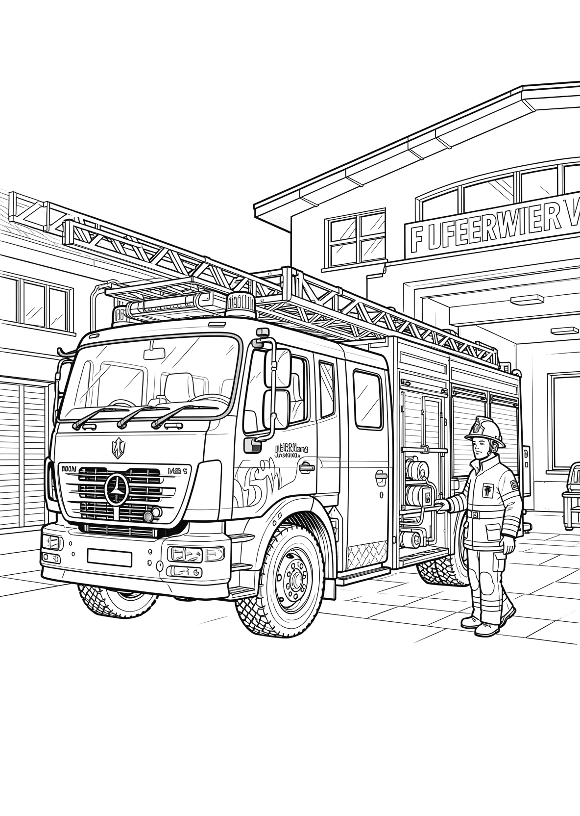 Ausmalbild Feuerwehrauto vor einer Feuerwehrstation mit - Ausmalbild aus der Kategorie Fahrzeuge - kostenlos ausdrucken