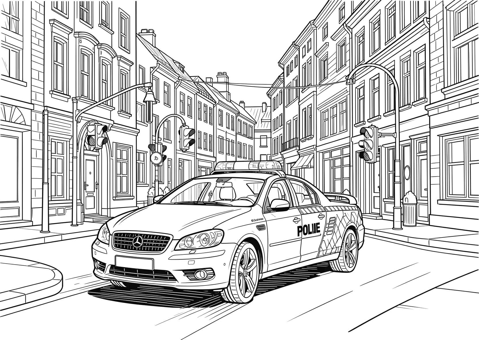 Ausmalbild Polizeiauto fährt durch eine Stadtstraße mit - Ausmalbild aus der Kategorie Fahrzeuge - kostenlos ausdrucken