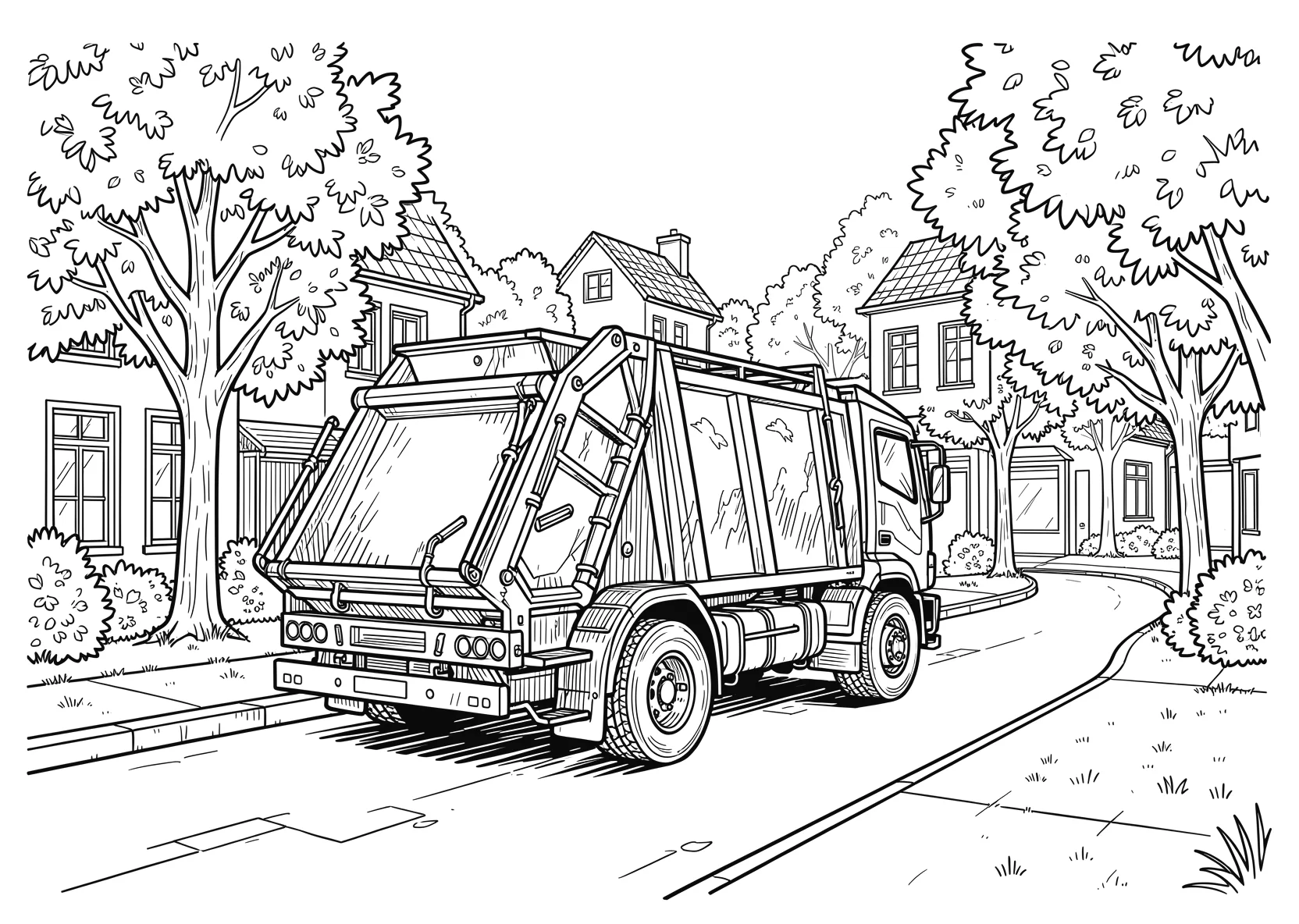 Ausmalbild Großer Müllwagen fährt durch eine Straße mit - Ausmalbild aus der Kategorie Fahrzeuge - kostenlos ausdrucken