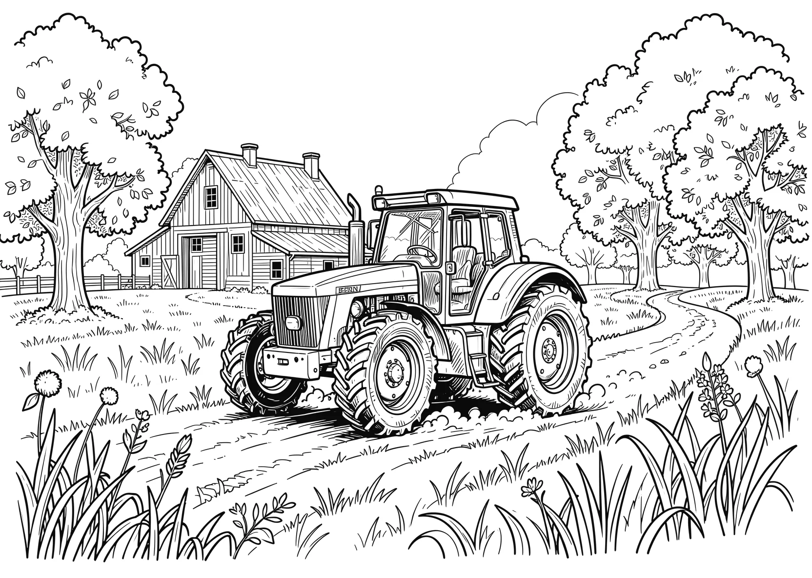 Ausmalbild Traktor fährt über ein Feld mit Scheune - Ausmalbild aus der Kategorie Fahrzeuge - kostenlos ausdrucken