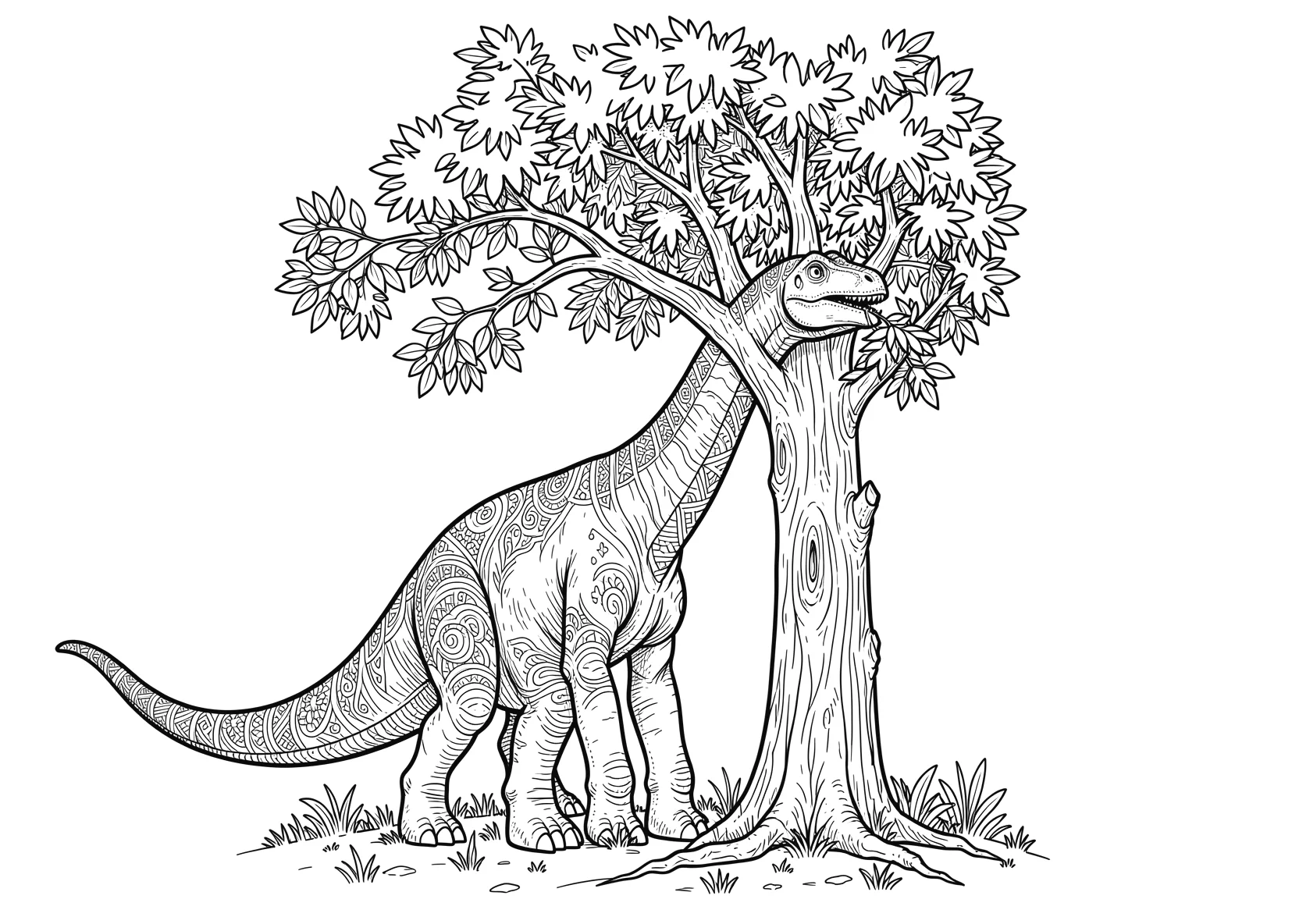 Ausmalbild Brachiosaurus frisst Blätter von einem hohen Baum - Ausmalbild aus der Kategorie Tiere - kostenlos ausdrucken