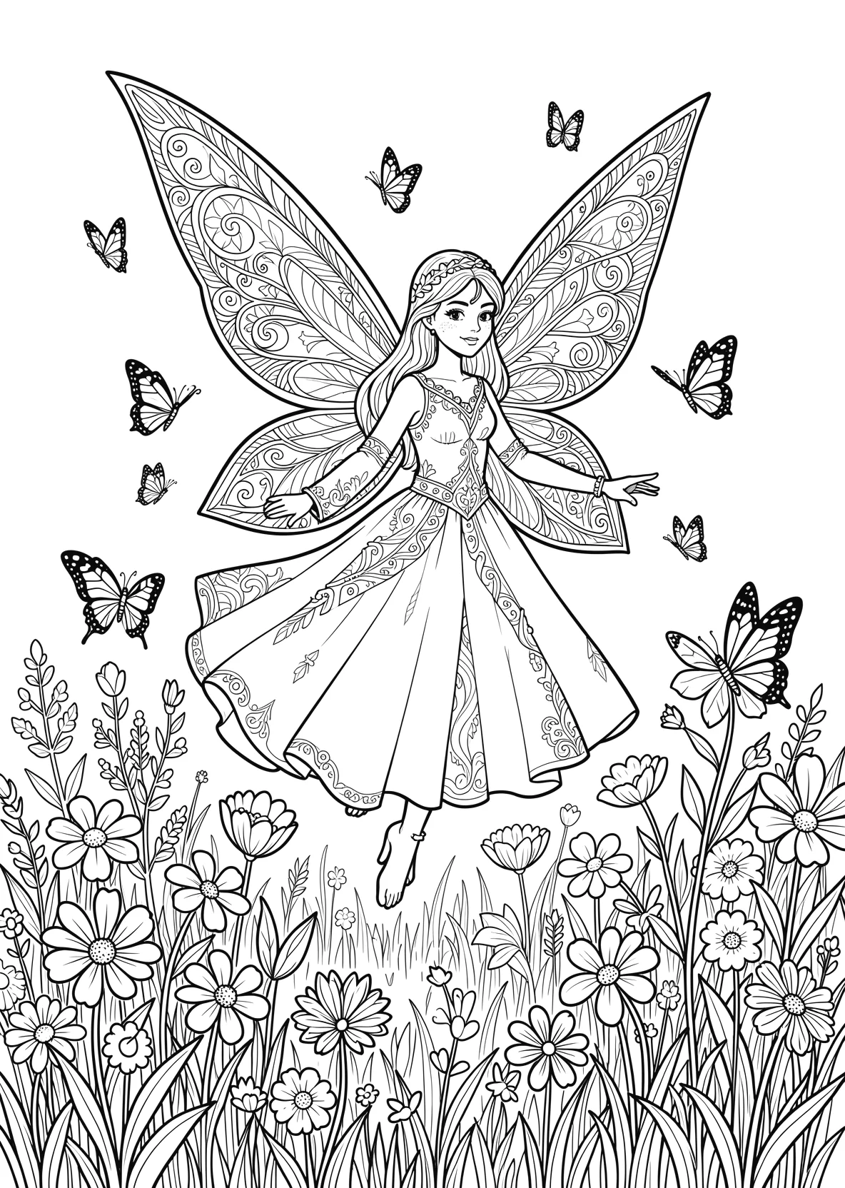 Ausmalbild Fee fliegt über eine Blumenwiese mit - Ausmalbild aus der Kategorie Maerchen - kostenlos ausdrucken