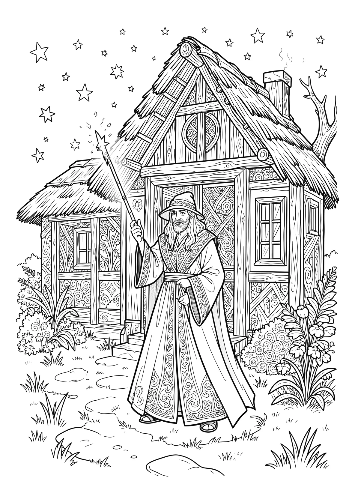 Ausmalbild Zauberer steht vor einer Hütte mit Zauberstab - Ausmalbild aus der Kategorie Maerchen - kostenlos ausdrucken