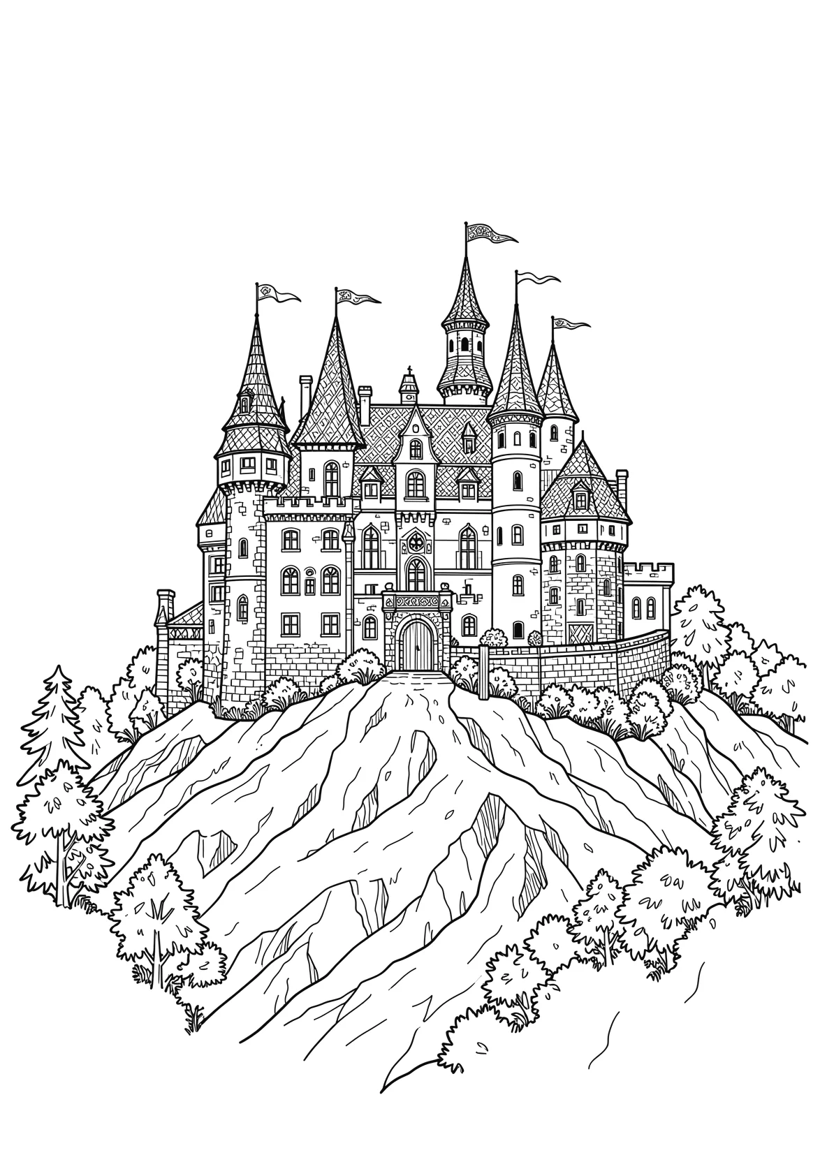 Ausmalbild Schloss auf einem Hügel mit Türmen und Fahnen - Ausmalbild aus der Kategorie Maerchen - kostenlos ausdrucken