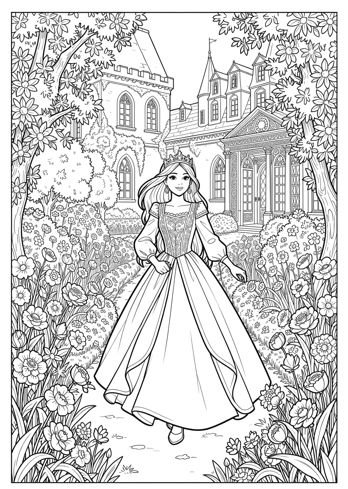 Ausmalbild Prinzessin läuft durch einen Schlossgarten mit - Ausmalbild aus der Kategorie Maerchen - kostenlos ausdrucken