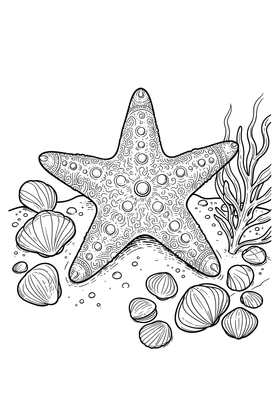 Ausmalbild Seestern liegt auf dem Meeresboden mit Muscheln - Ausmalbild aus der Kategorie Natur - kostenlos ausdrucken