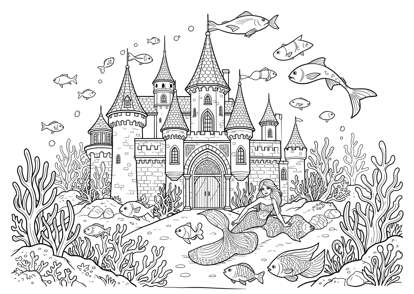 Ausmalbild Unterwasserschloss mit Meerjungfrau - Ausmalbild aus der Kategorie Maerchen - kostenlos ausdrucken