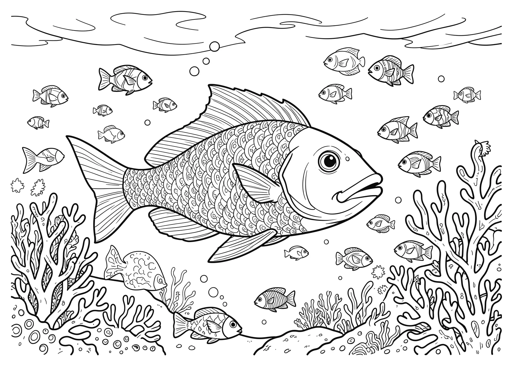 Ausmalbild Hai schwimmt im Meer mit kleinen Fischen - Ausmalbild aus der Kategorie Tiere - kostenlos ausdrucken