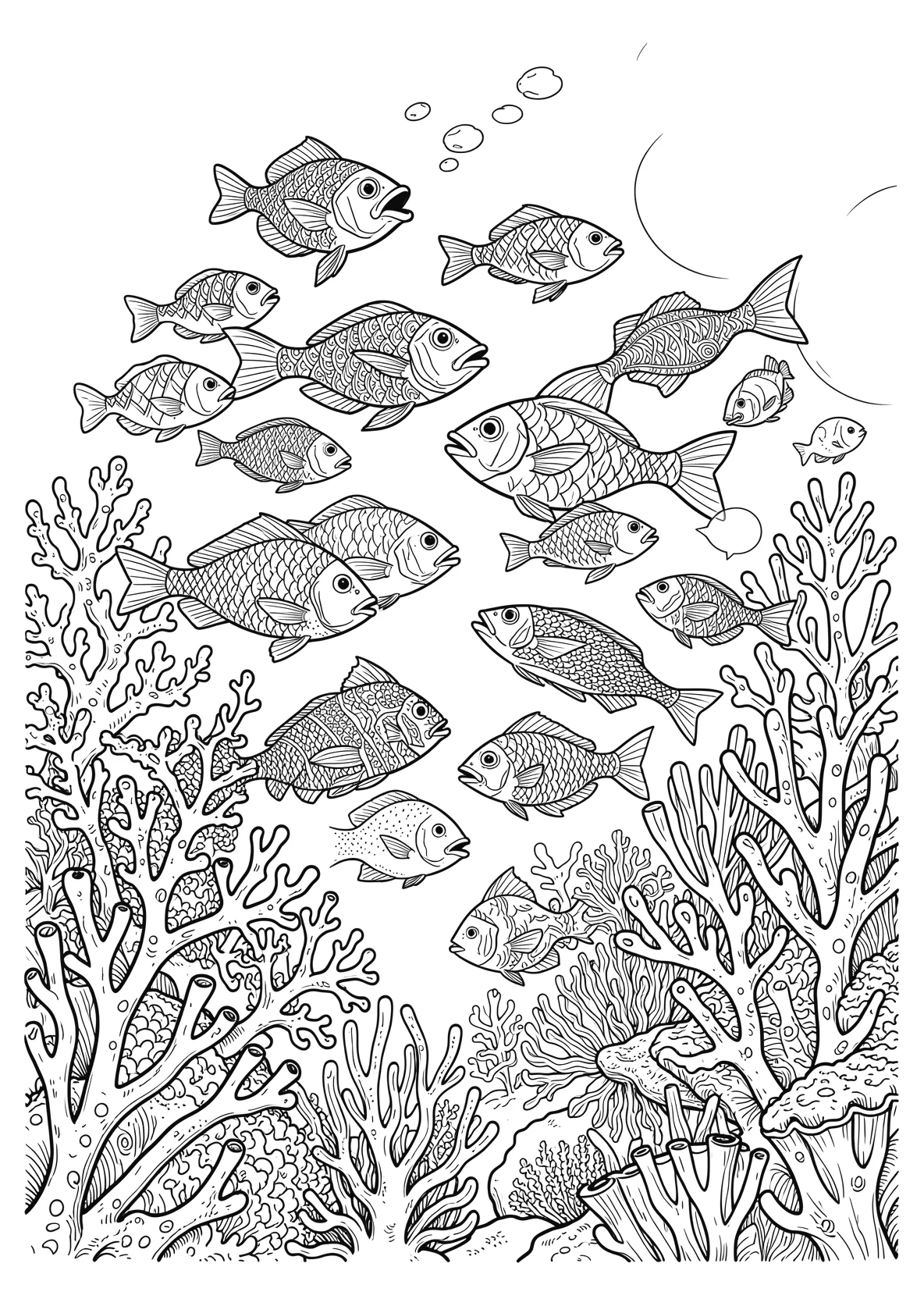 Ausmalbild Fischschwarm schwimmt durch Korallenriffe - Ausmalbild aus der Kategorie Tiere - kostenlos ausdrucken