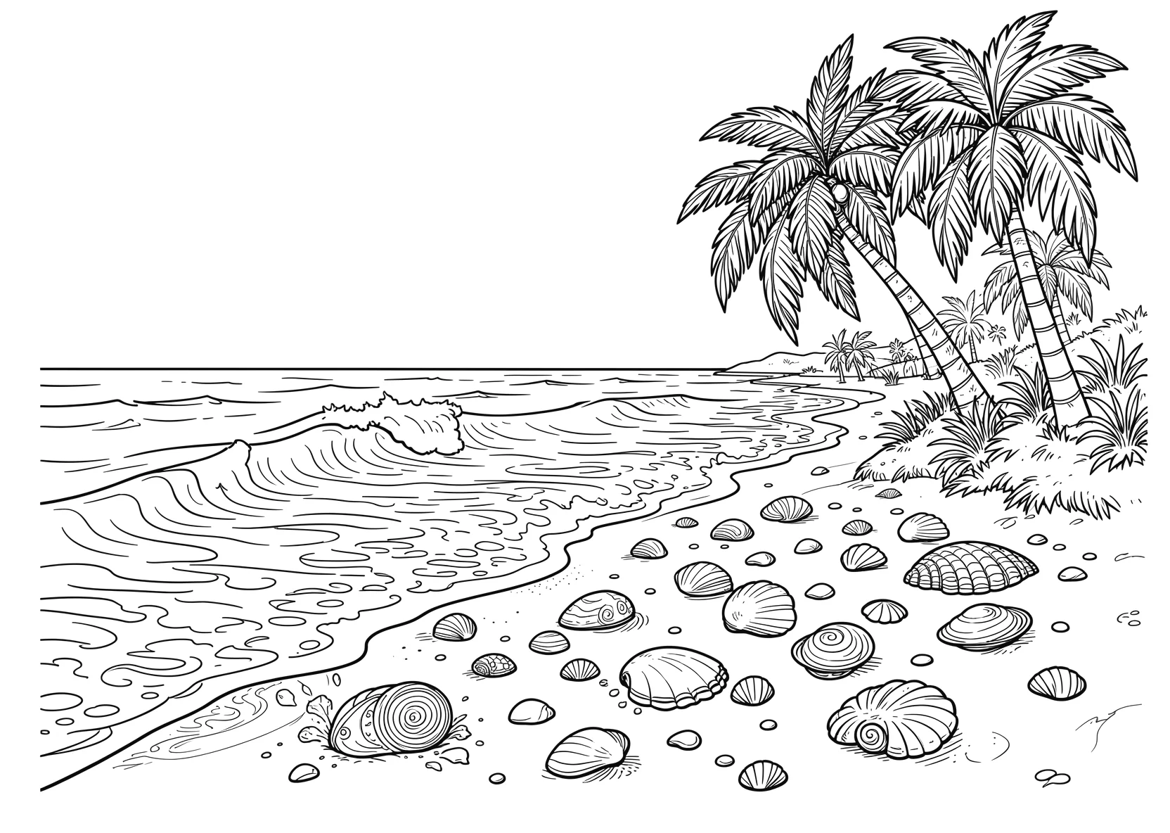 Ausmalbild Strand mit Muscheln, Wellen und Palmen - Ausmalbild aus der Kategorie Natur - kostenlos ausdrucken