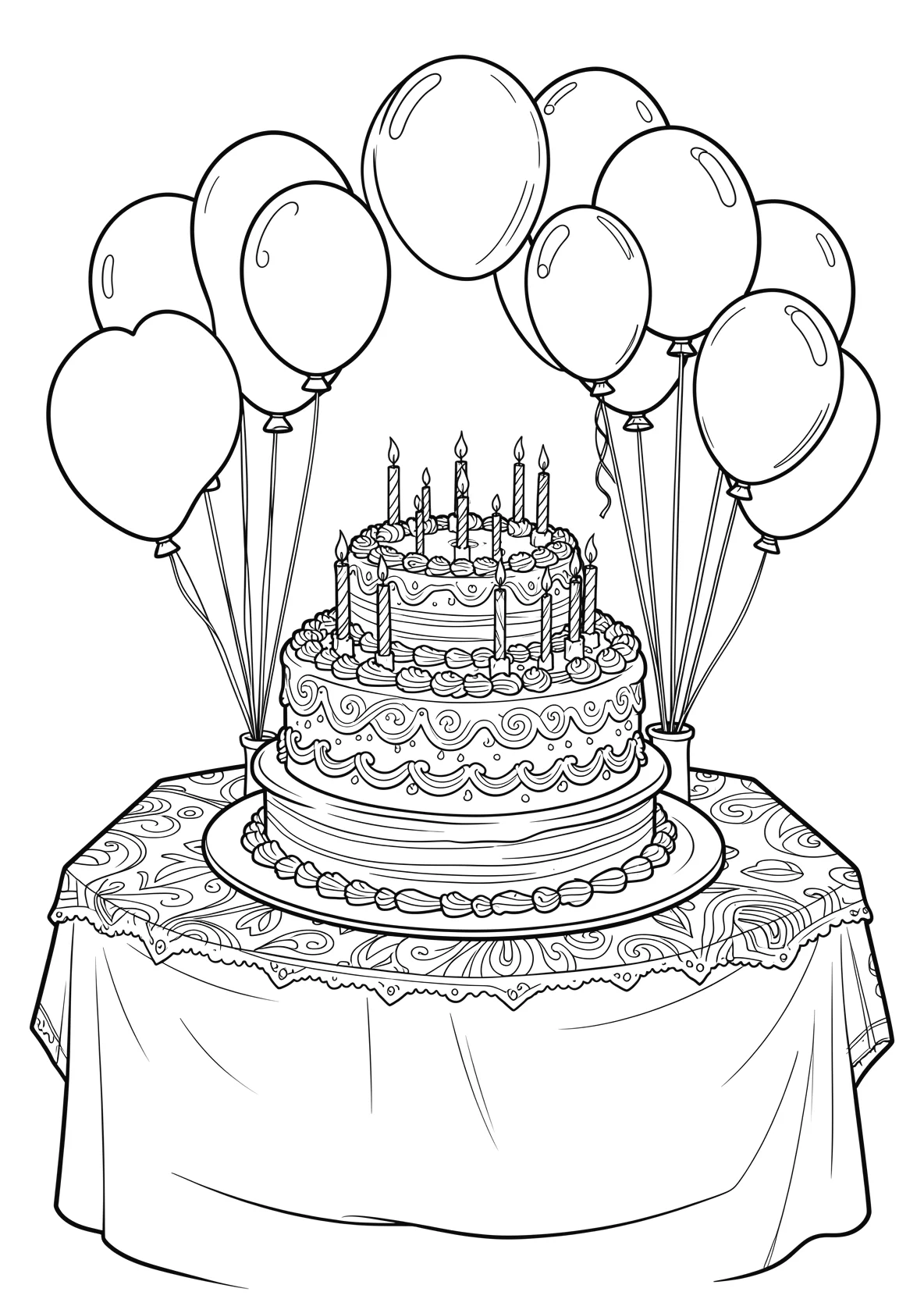 Ausmalbild Großer Geburtstagskuchen mit Kerzen auf einem - Ausmalbild aus der Kategorie Feiertage - kostenlos ausdrucken