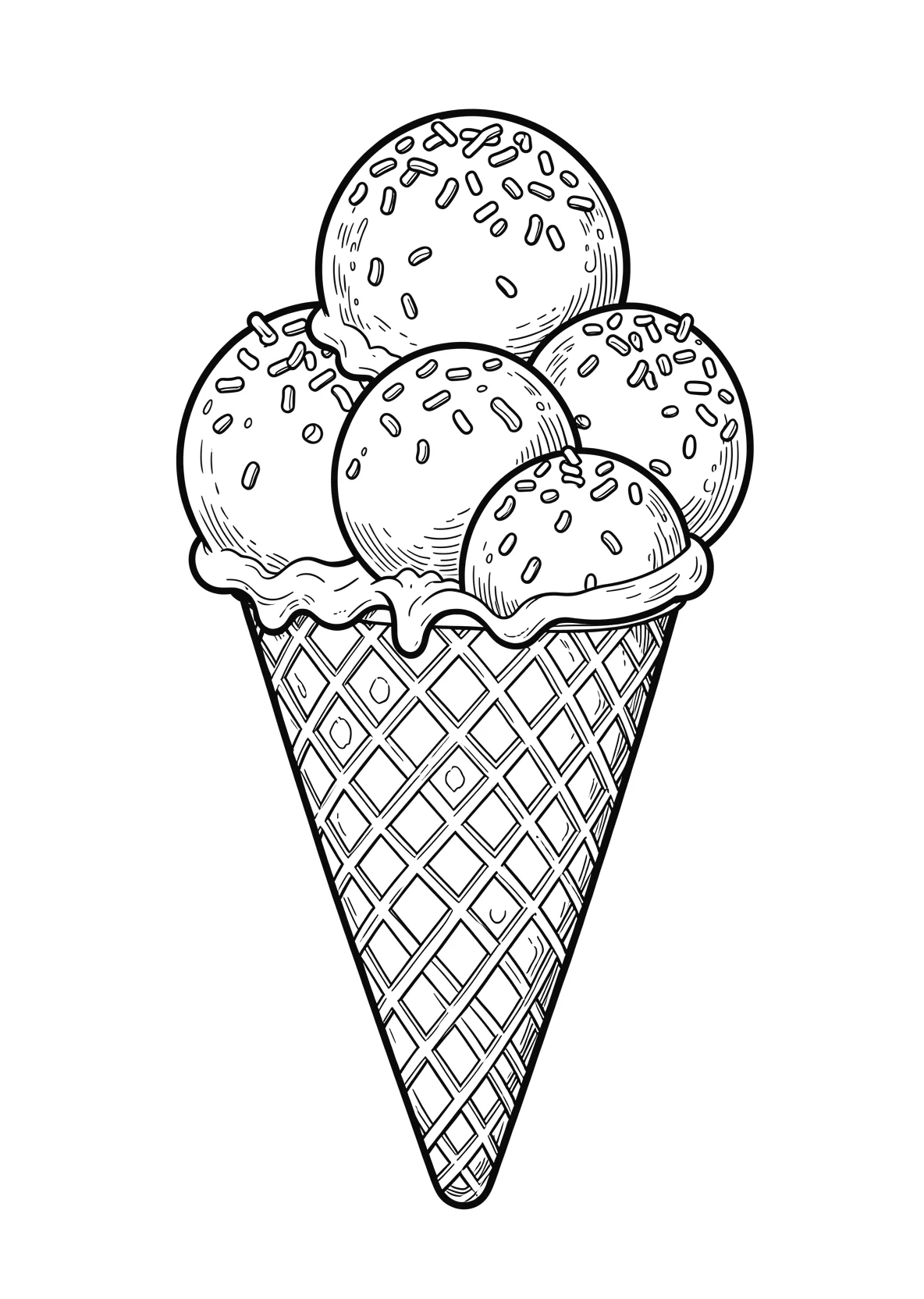 Ausmalbild Eistüte mit mehreren Kugeln Eis und Streuseln - Ausmalbild aus der Kategorie Essen - kostenlos ausdrucken