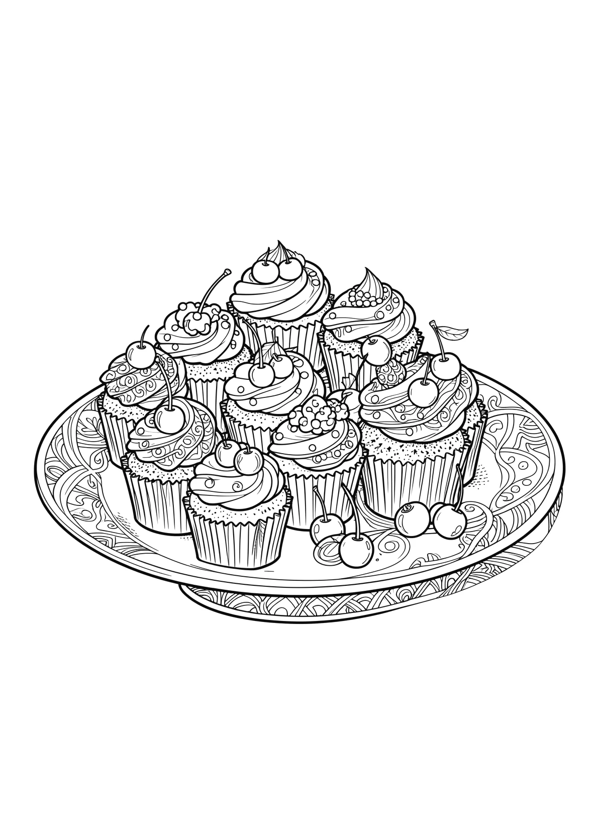 Ausmalbild Teller mit Cupcakes - Ausmalbild aus der Kategorie Essen - kostenlos ausdrucken