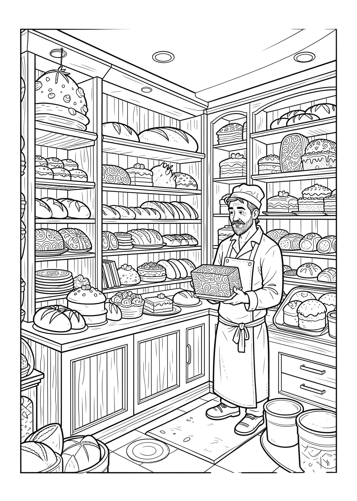 Ausmalbild Bäckerei mit Brot, Kuchen und einem Bäcker - Ausmalbild aus der Kategorie Essen - kostenlos ausdrucken