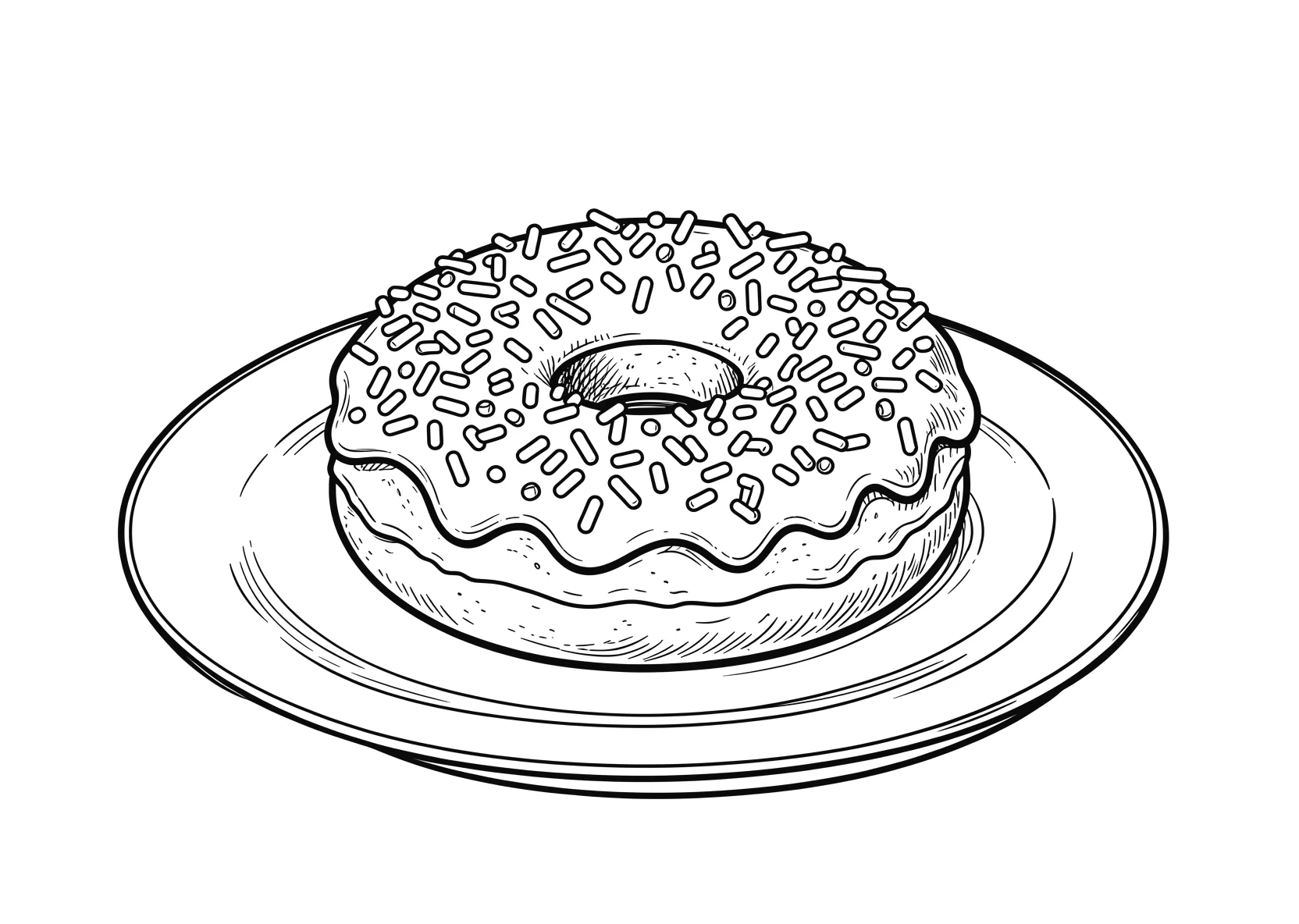 Ausmalbild Donut mit Streuseln auf einem Teller - Ausmalbild aus der Kategorie Essen - kostenlos ausdrucken