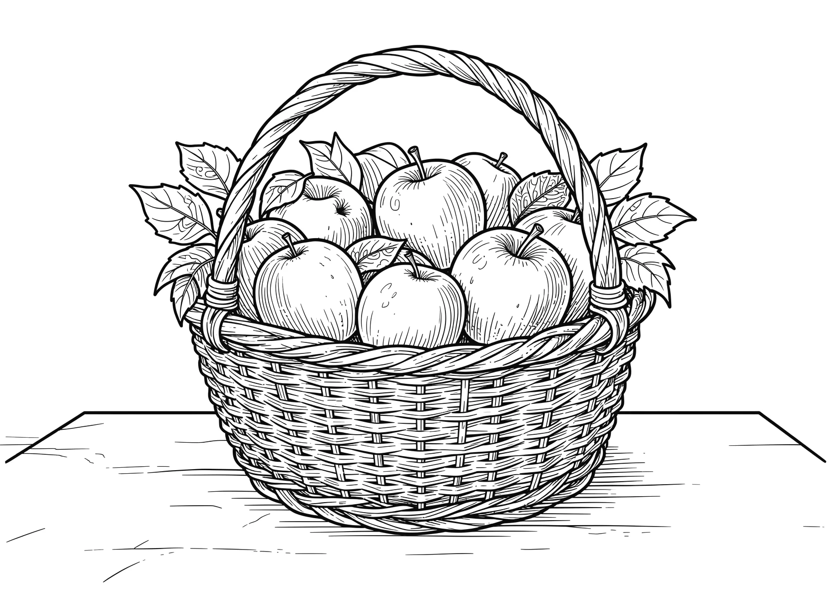 Ausmalbild Korb mit Äpfeln und Birnen auf einem Tisch - Ausmalbild aus der Kategorie Essen - kostenlos ausdrucken