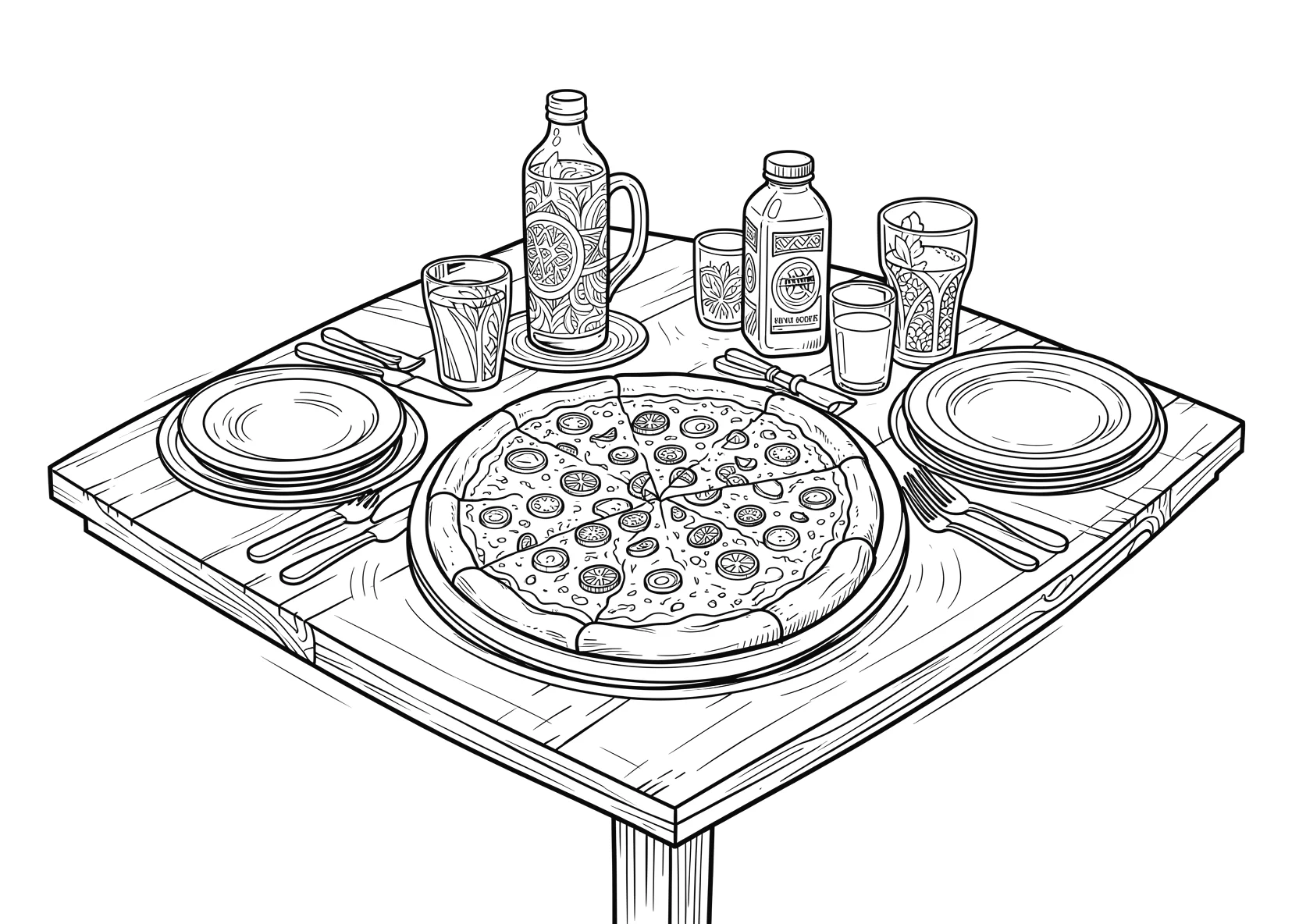 Ausmalbild Tisch mit Pizza, Getränken und Tellern - Ausmalbild aus der Kategorie Essen - kostenlos ausdrucken