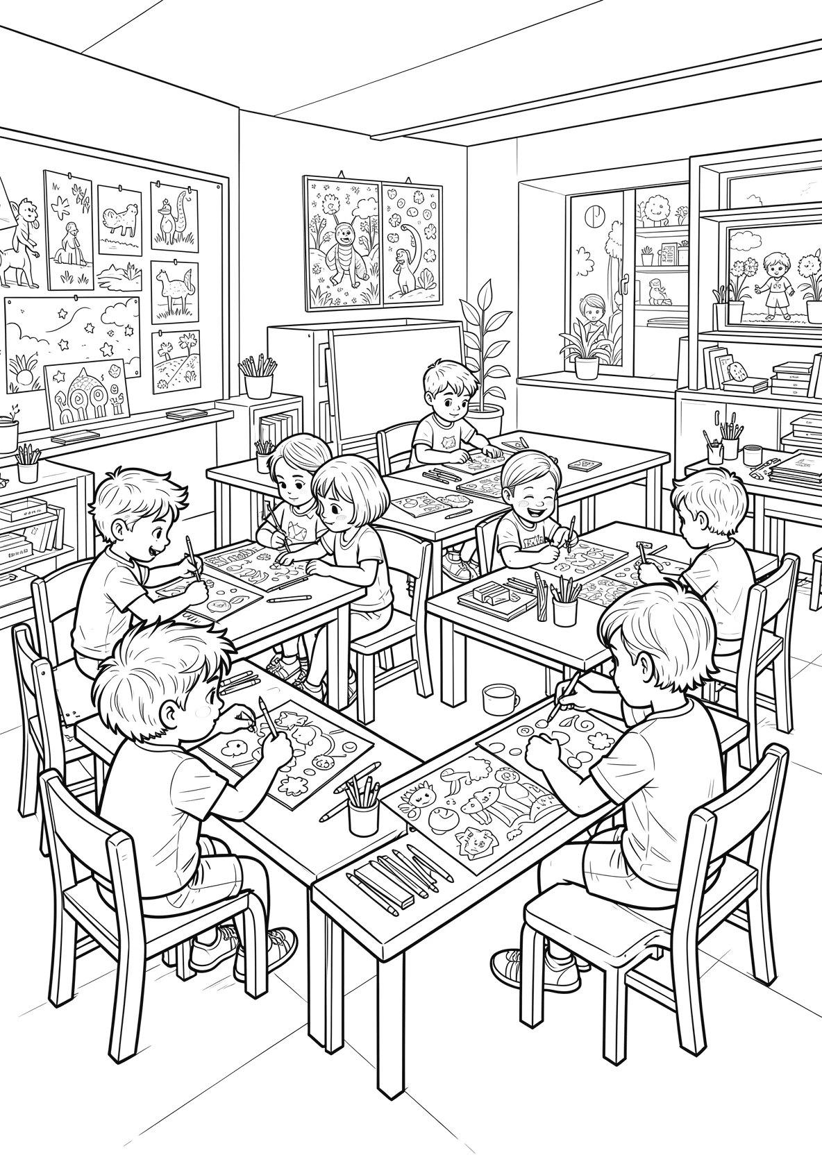 Ausmalbild Kinder sitzen an Tischen - Ausmalbild aus der Kategorie Berufe - kostenlos ausdrucken