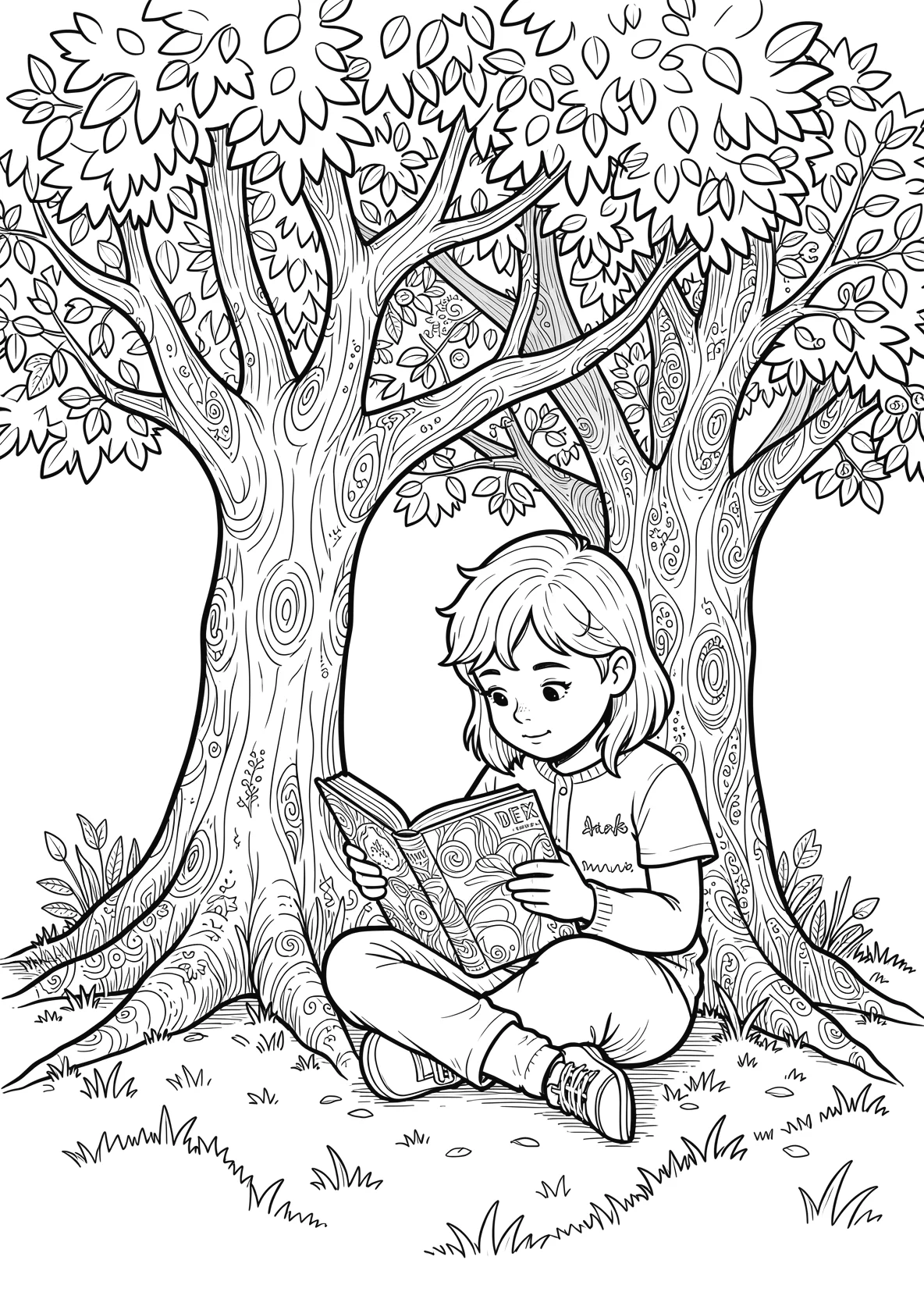 Ausmalbild Kind liest ein Buch unter einem Baum - Ausmalbild aus der Kategorie Natur - kostenlos ausdrucken