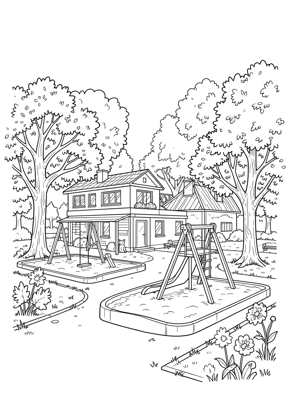 Ausmalbild Kindergarten mit Spielplatz und Bäumen - Ausmalbild aus der Kategorie Berufe - kostenlos ausdrucken