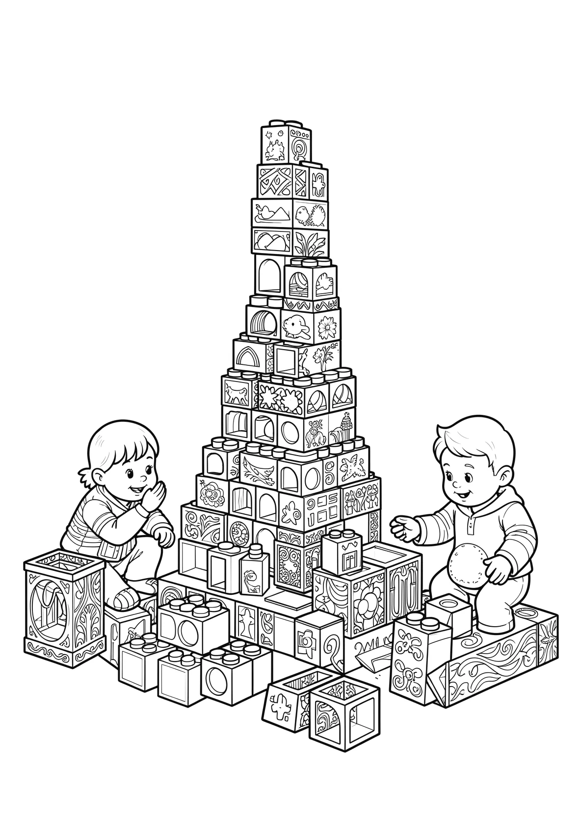 Ausmalbild Kinder bauen einen Turm aus Bausteinen - Ausmalbild aus der Kategorie Maerchen - kostenlos ausdrucken