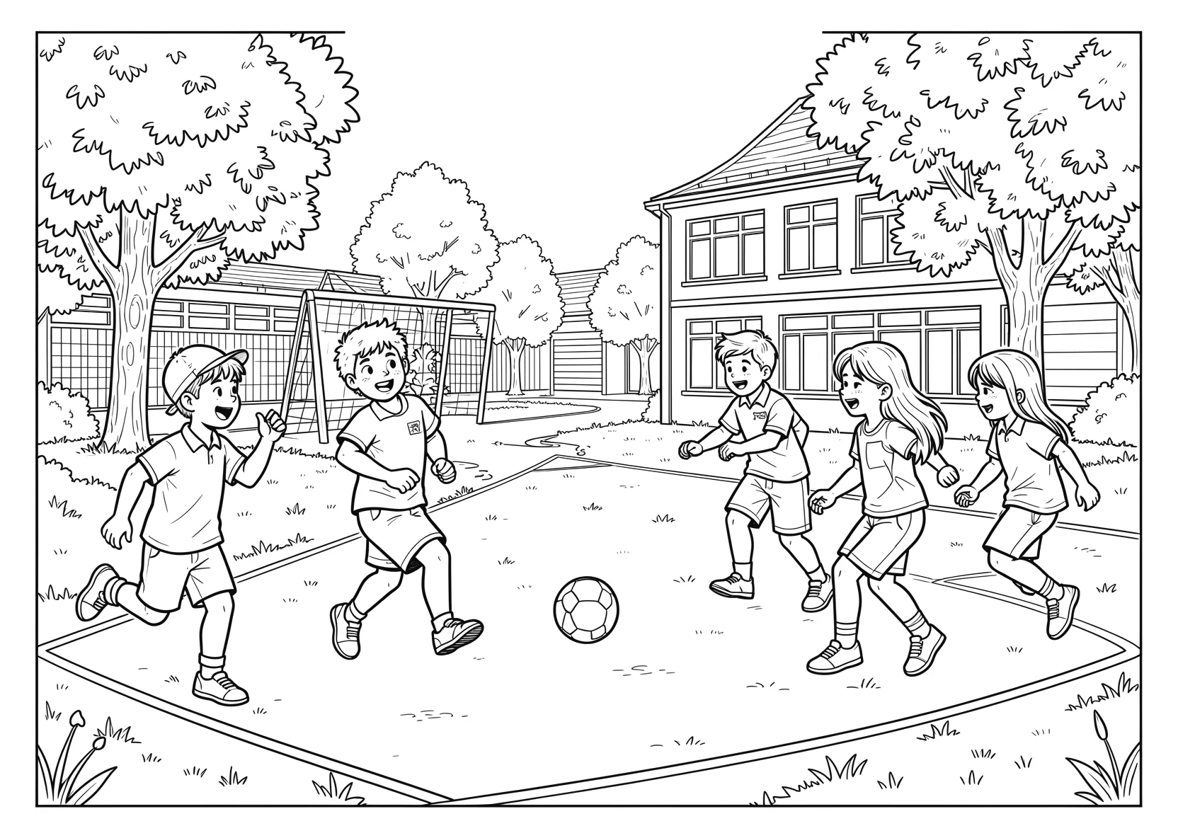 Ausmalbild Kinder spielen Ball auf einem Schulhof - Ausmalbild aus der Kategorie Berufe - kostenlos ausdrucken