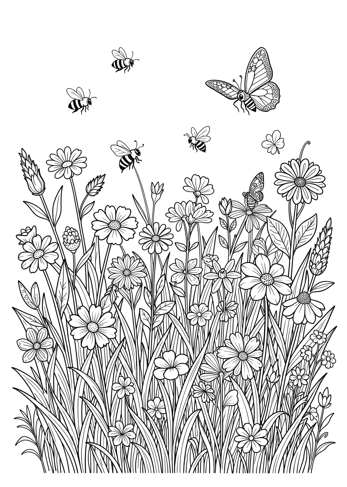 Ausmalbild Frühlingswiese mit Blumen - Ausmalbild aus der Kategorie Tiere - kostenlos ausdrucken