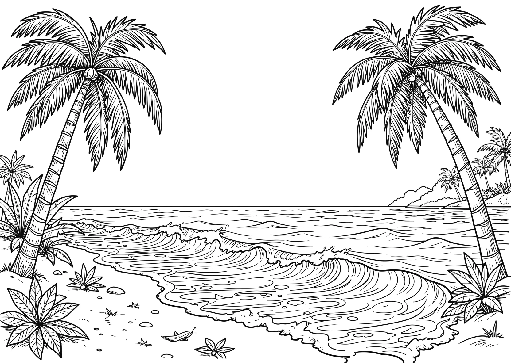 Ausmalbild Sommerstrand mit Palmen, Sonne und Wellen - Ausmalbild aus der Kategorie Natur - kostenlos ausdrucken