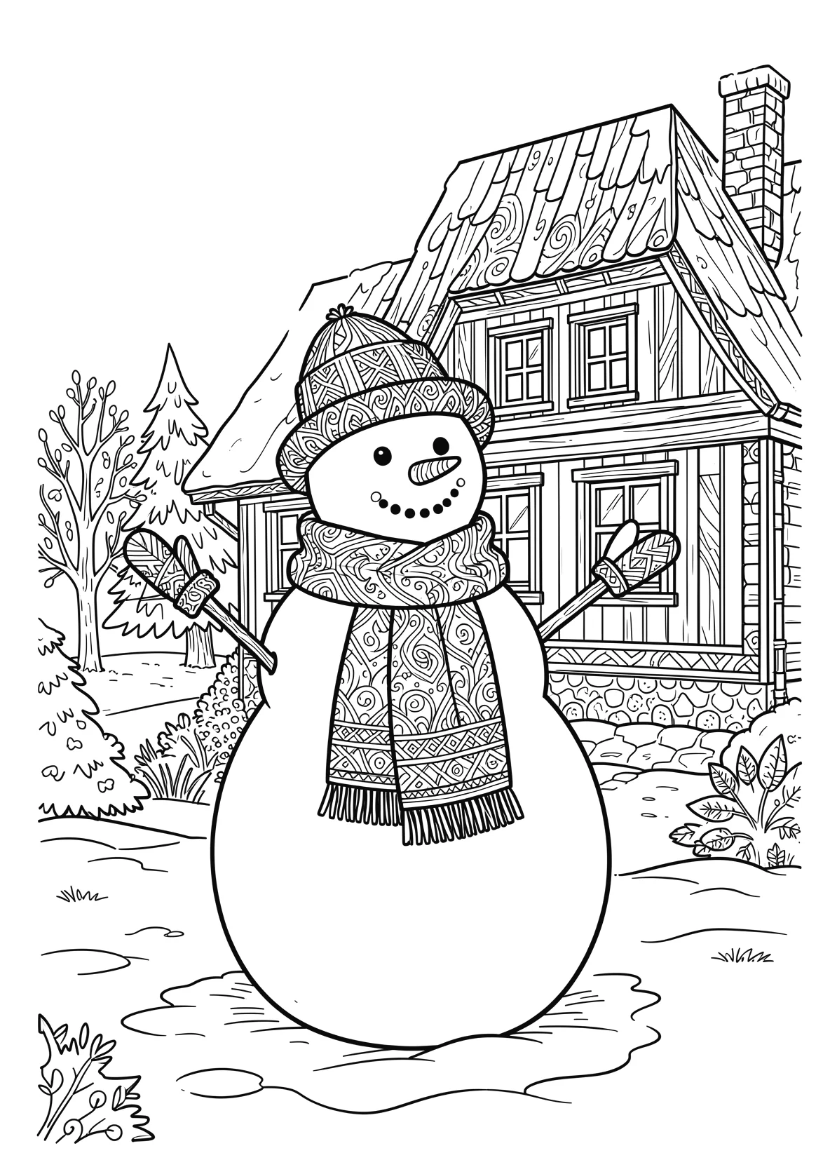 Ausmalbild Schneemann mit Hut und Schal vor einem Haus - Ausmalbild aus der Kategorie Natur - kostenlos ausdrucken