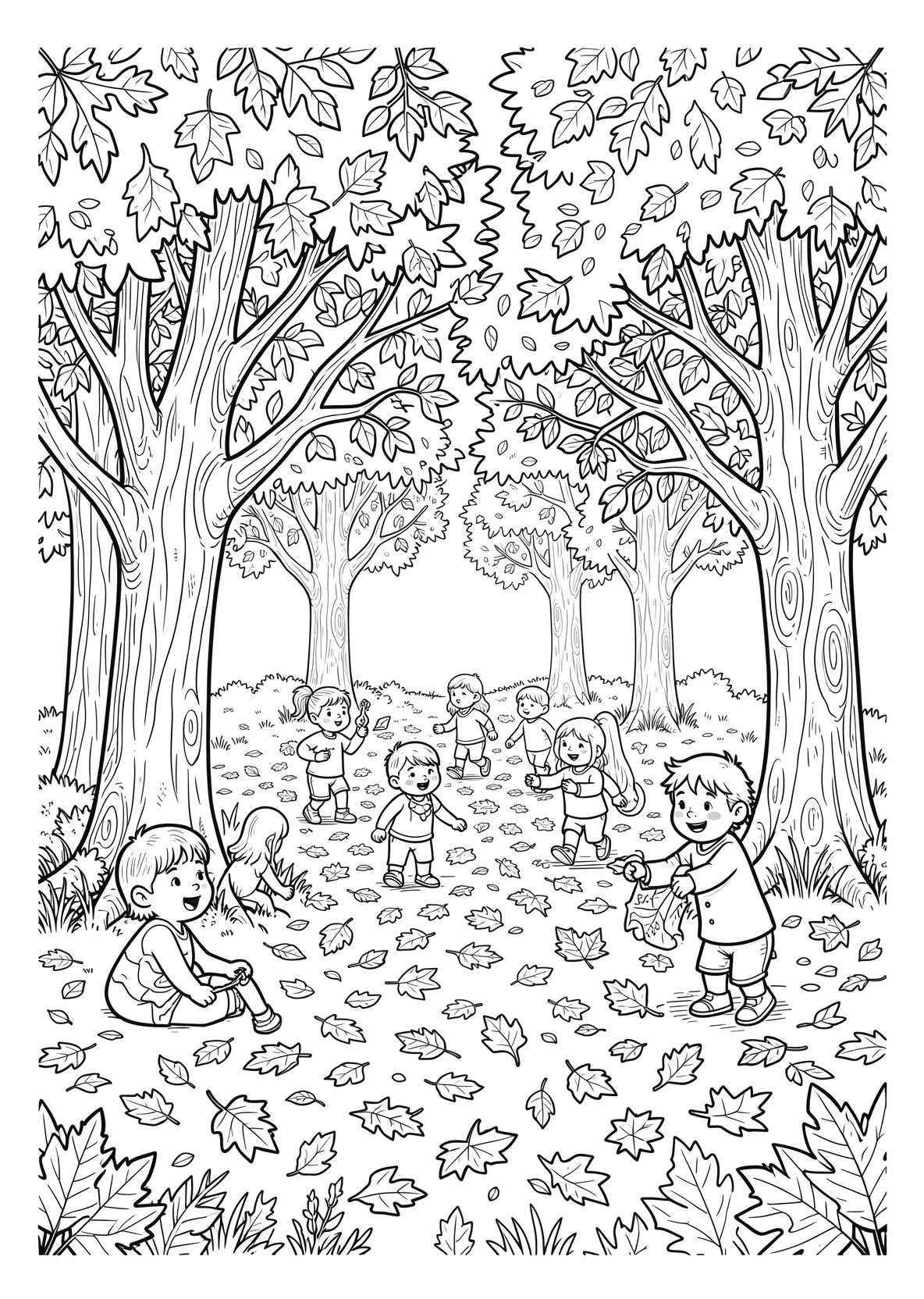 Ausmalbild Kinder spielen im Herbstlaub unter Bäumen - Ausmalbild aus der Kategorie Natur - kostenlos ausdrucken