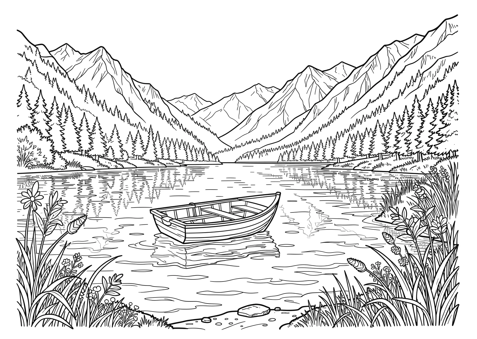 Ausmalbild See im Sommer mit Boot und Bergen - Ausmalbild aus der Kategorie Natur - kostenlos ausdrucken