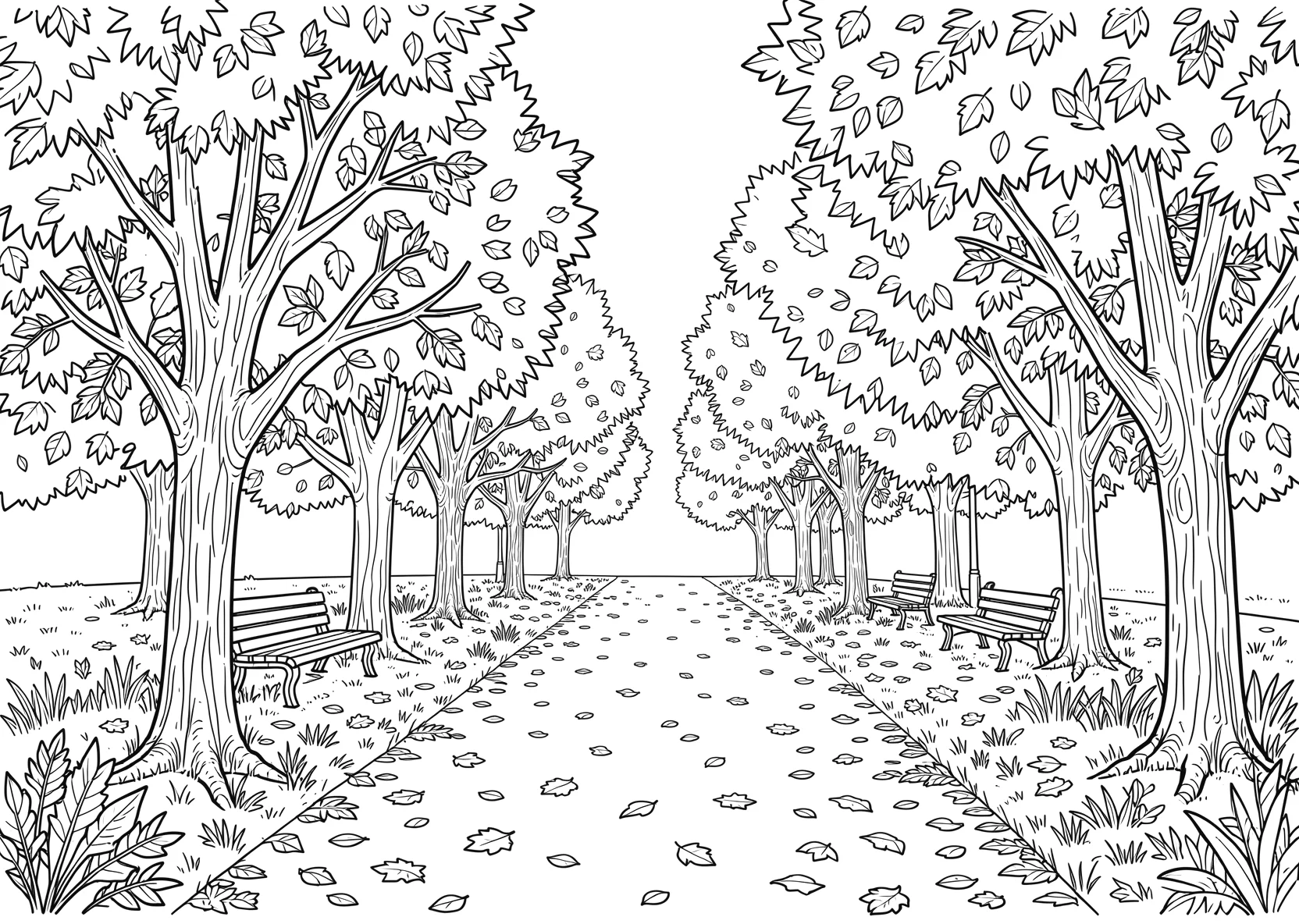 Ausmalbild Park im Herbst mit Bäumen und Blättern - Ausmalbild aus der Kategorie Natur - kostenlos ausdrucken