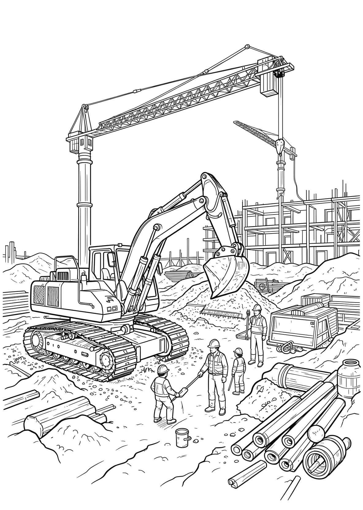 Ausmalbild Baustelle mit Bagger, Kran und Bauarbeitern - Ausmalbild aus der Kategorie Berufe - kostenlos ausdrucken