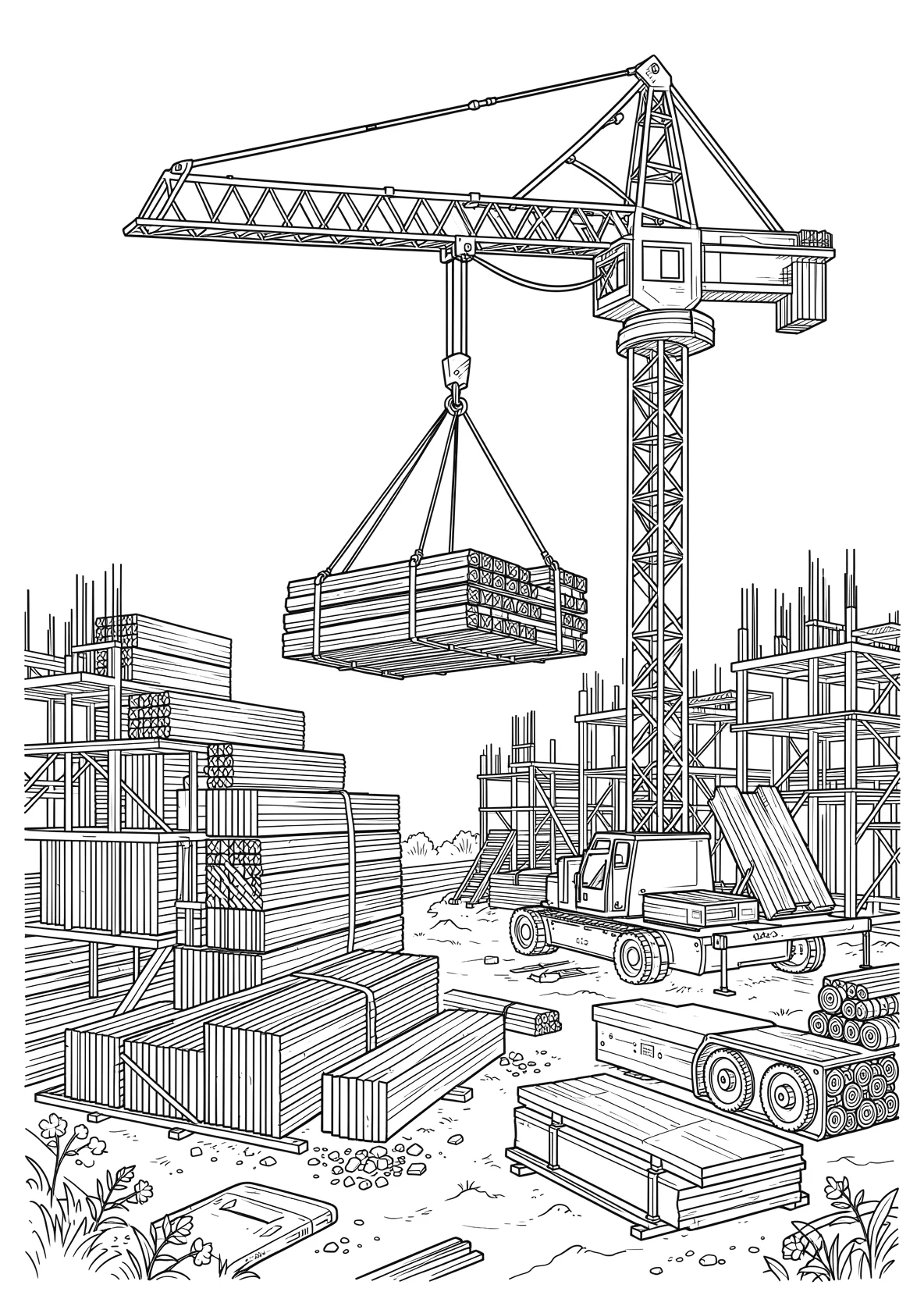 Ausmalbild Großer Kran hebt Baumaterial auf einer Baustelle - Ausmalbild aus der Kategorie Berufe - kostenlos ausdrucken