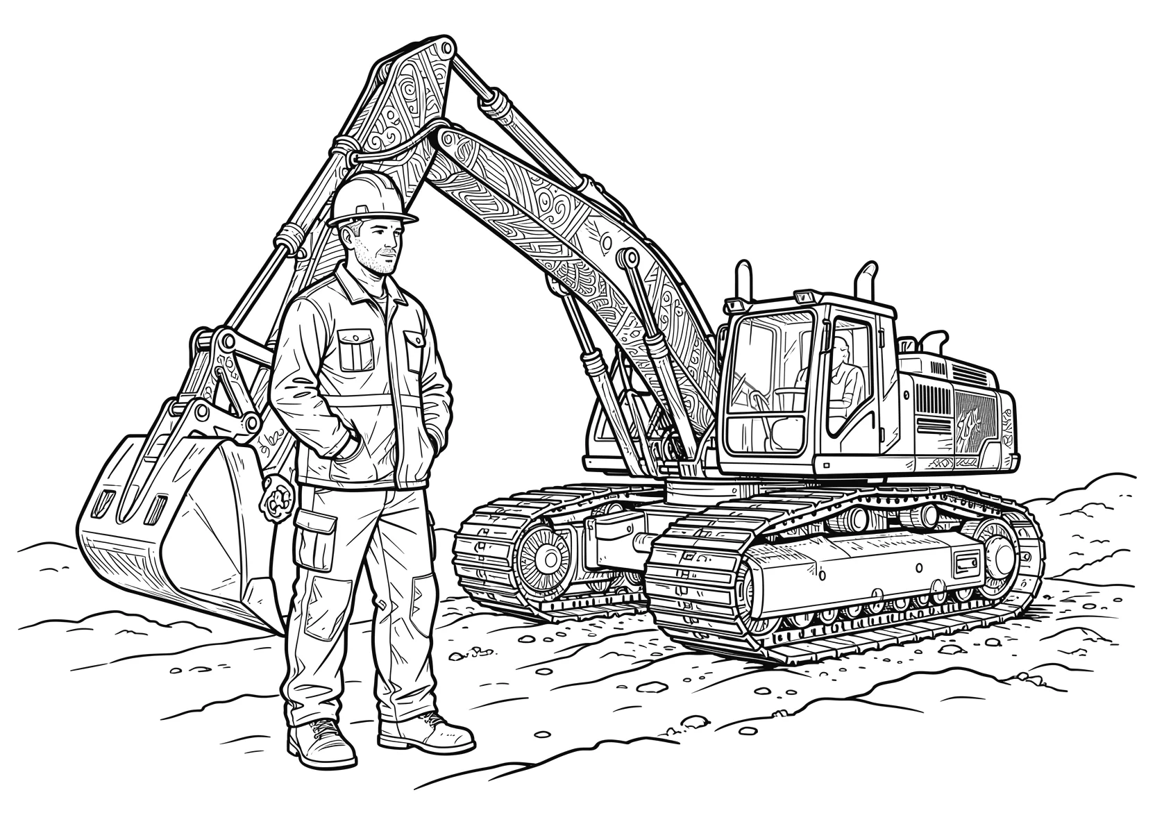 Ausmalbild Bauarbeiter mit Helm steht neben einem Bagger - Ausmalbild aus der Kategorie Berufe - kostenlos ausdrucken