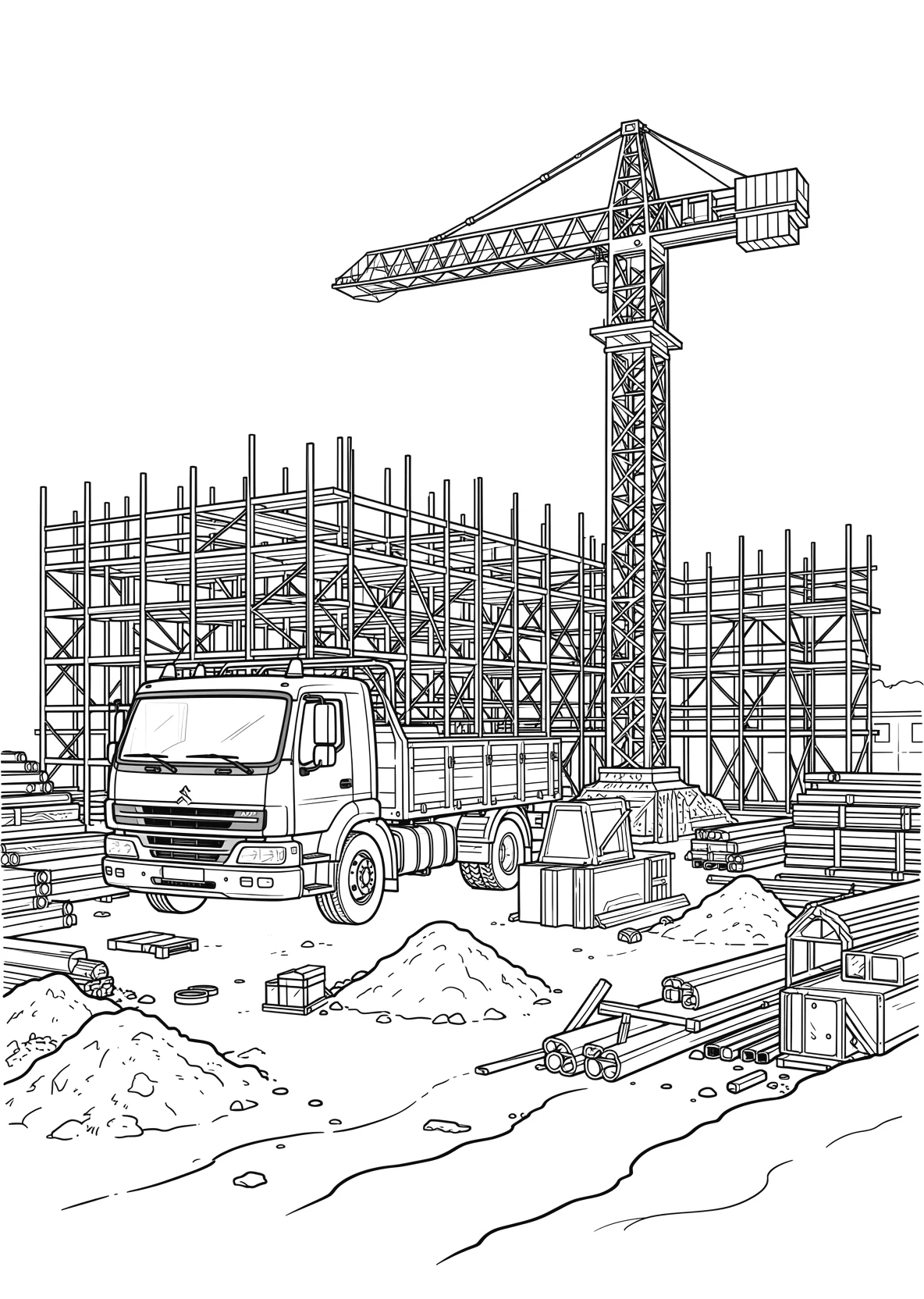 Ausmalbild Baustelle mit LKW, Kran und Baugerüst - Ausmalbild aus der Kategorie Berufe - kostenlos ausdrucken