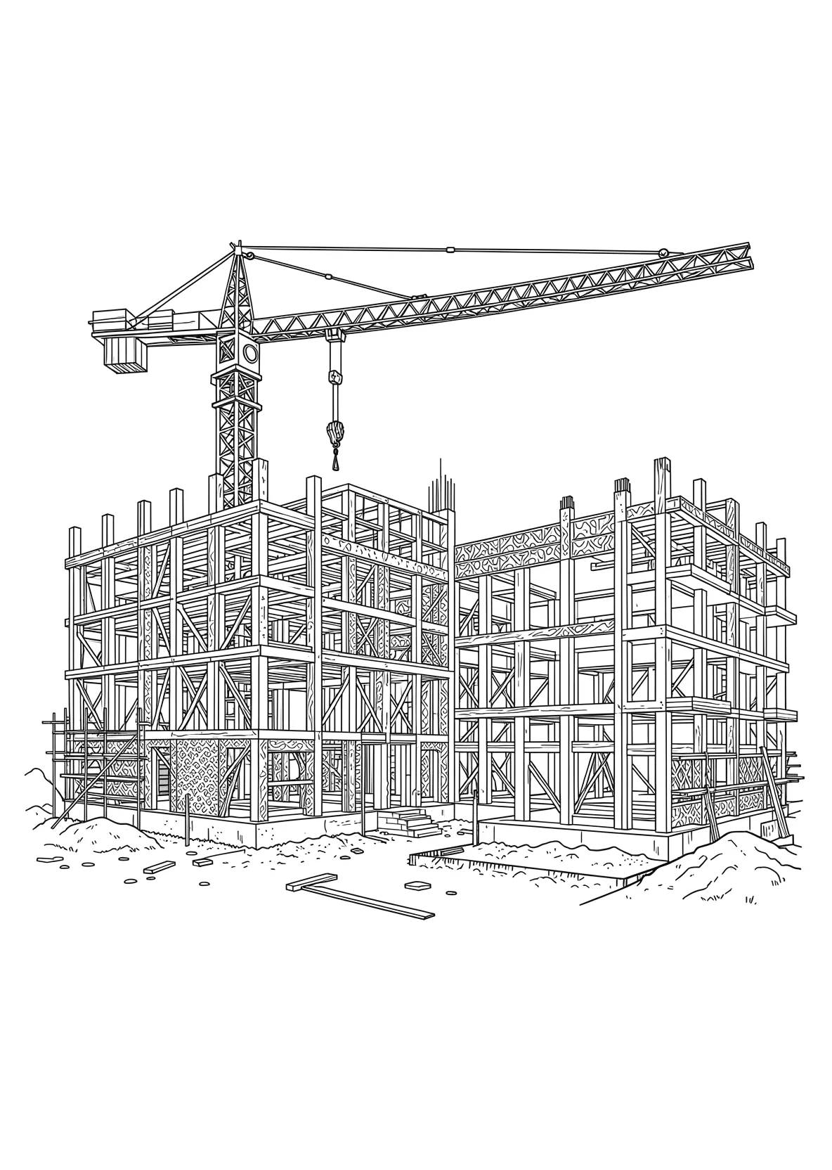 Ausmalbild Kran steht neben einem halbfertigen Gebäude - Ausmalbild aus der Kategorie Fahrzeuge - kostenlos ausdrucken