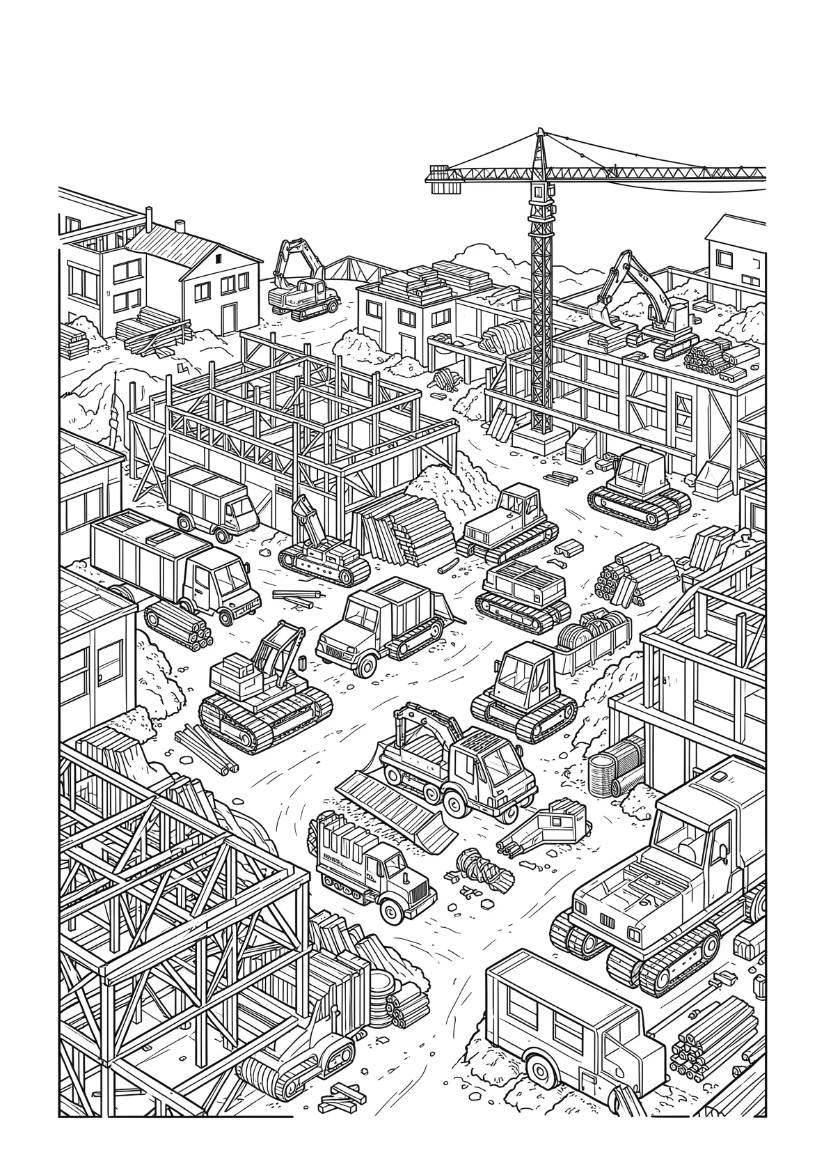 Ausmalbild Große Baustelle mit vielen Maschinen - Ausmalbild aus der Kategorie Berufe - kostenlos ausdrucken