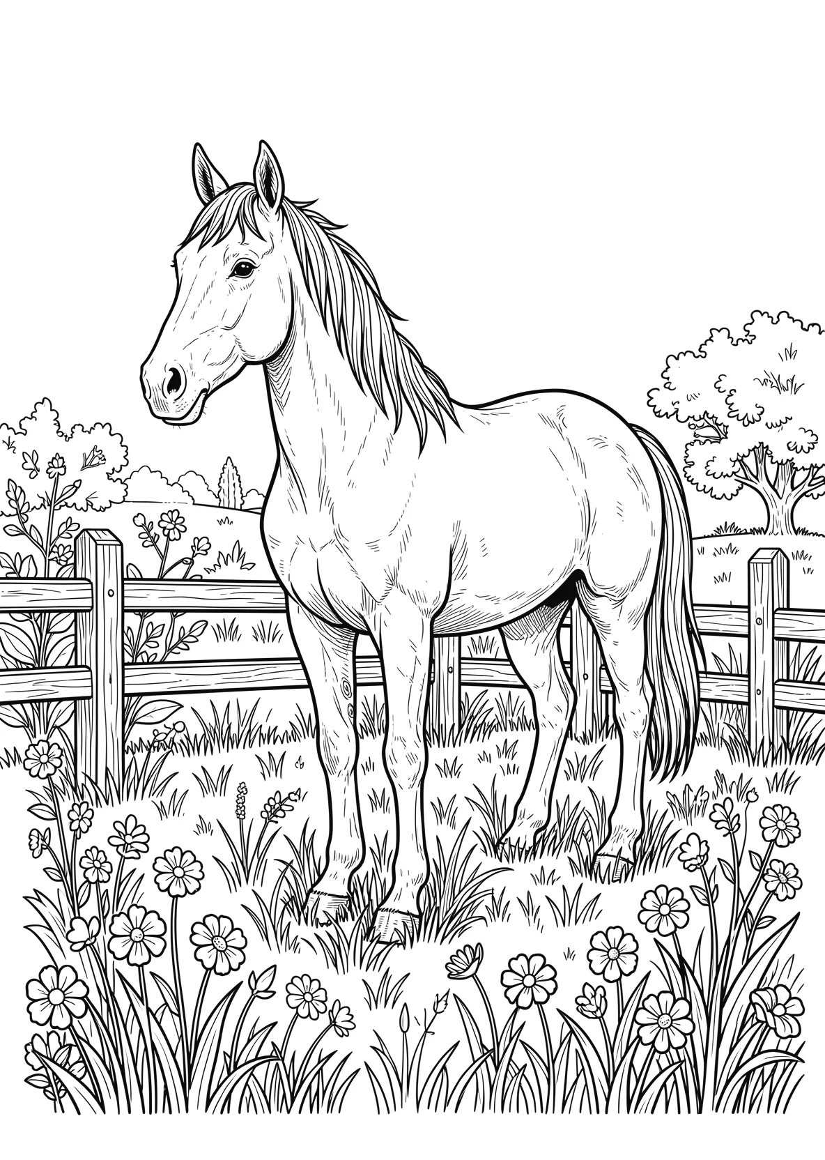 Ausmalbild Pferd auf einer Wiese mit Zaun und Blumen - Ausmalbild aus der Kategorie Tiere - kostenlos ausdrucken