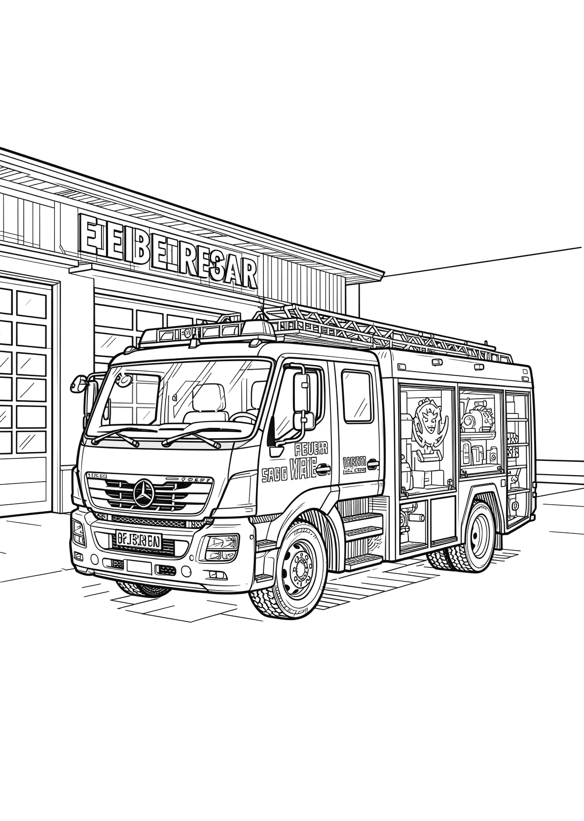Ausmalbild Feuerwehrauto vor einer Feuerwehrstation - Ausmalbild aus der Kategorie Fahrzeuge - kostenlos ausdrucken