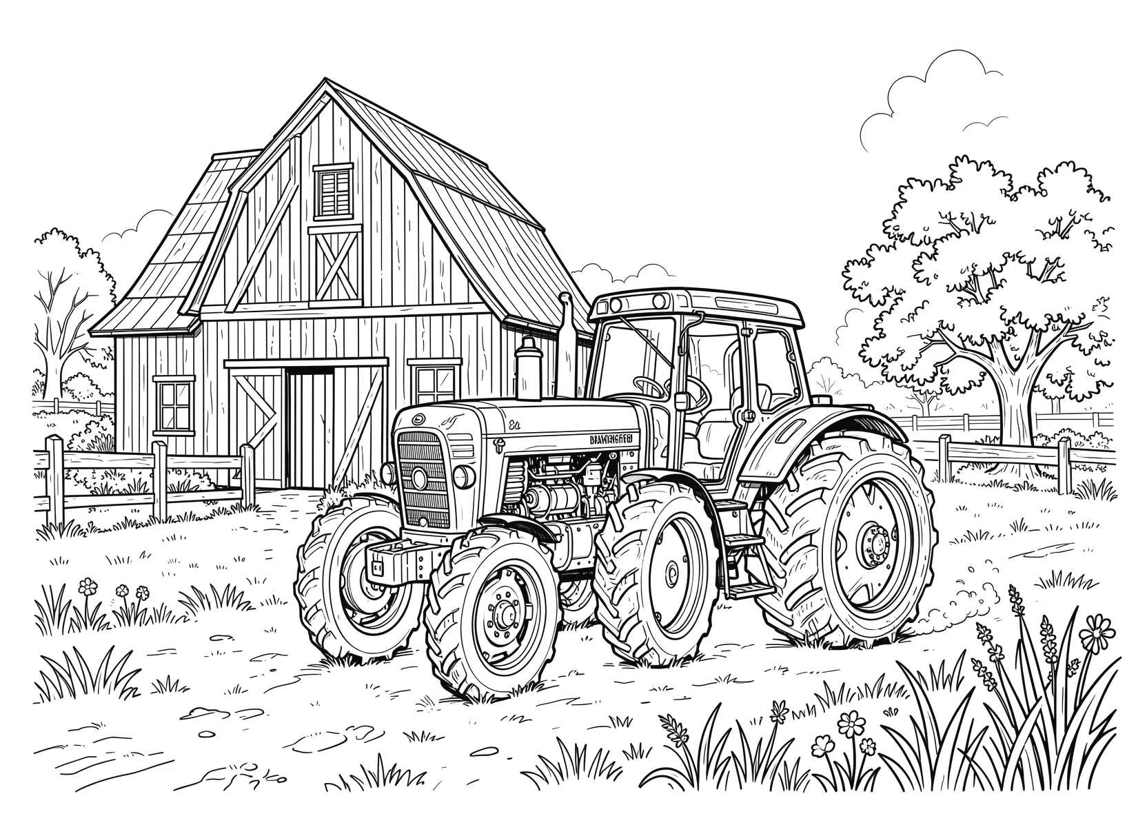 Ausmalbild Traktor auf einem Bauernhof mit Scheune - Ausmalbild aus der Kategorie Tiere - kostenlos ausdrucken