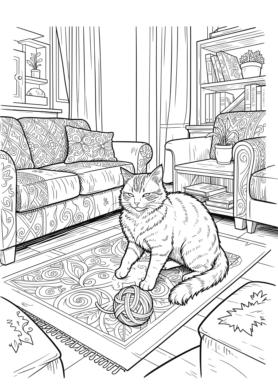 Ausmalbild Katze spielt mit einem Wollknäuel im Wohnzimmer - Ausmalbild aus der Kategorie Tiere - kostenlos ausdrucken