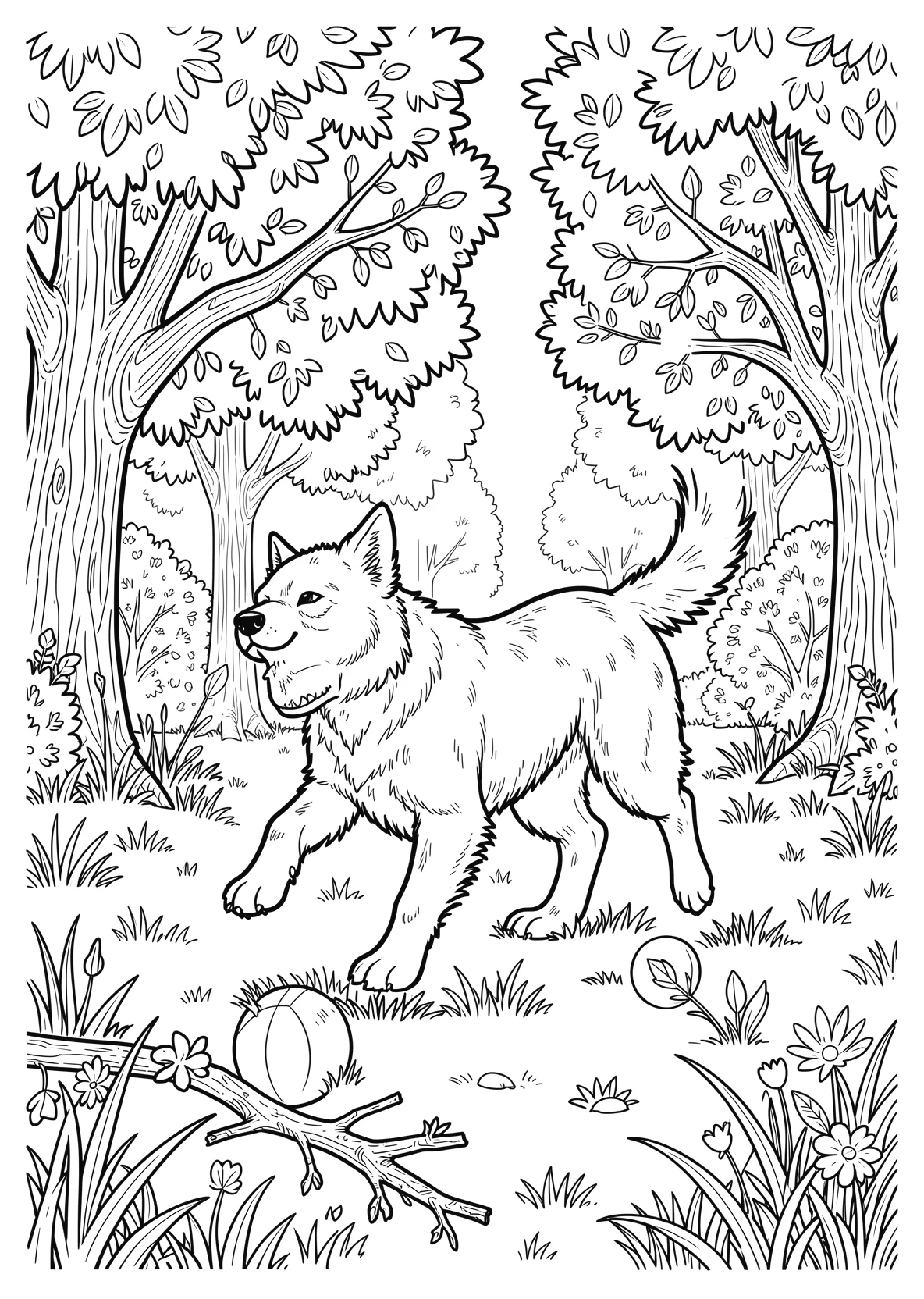 Ausmalbild Hund spielt im Park mit Ball und Ästen - Ausmalbild aus der Kategorie Tiere - kostenlos ausdrucken