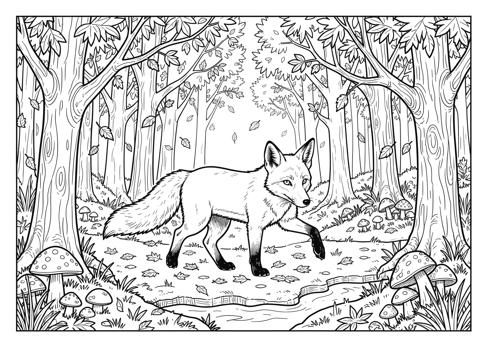 Ausmalbild Kleiner Fuchs läuft durch einen Herbstwald mit - Ausmalbild aus der Kategorie Natur - kostenlos ausdrucken