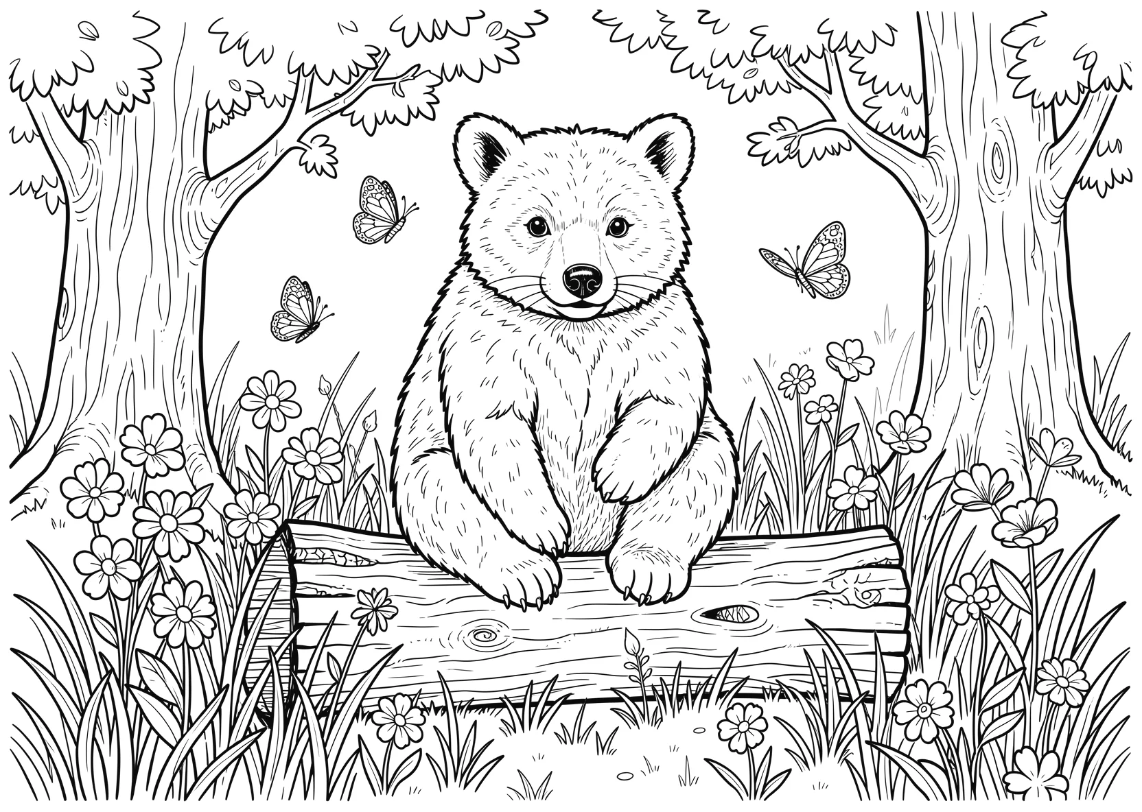 Ausmalbild Niedlicher Waschbär sitzt auf einem Baumstamm im - Ausmalbild aus der Kategorie Tiere - kostenlos ausdrucken