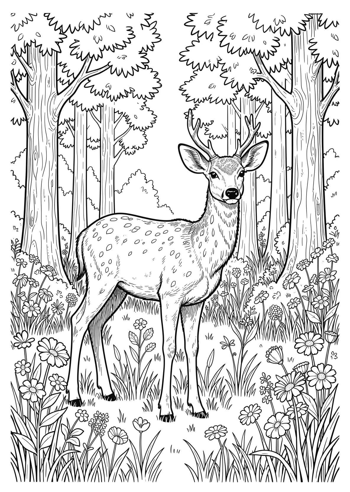 Ausmalbild Junges Reh steht auf einer Waldlichtung mit Blumen - Ausmalbild aus der Kategorie Natur - kostenlos ausdrucken