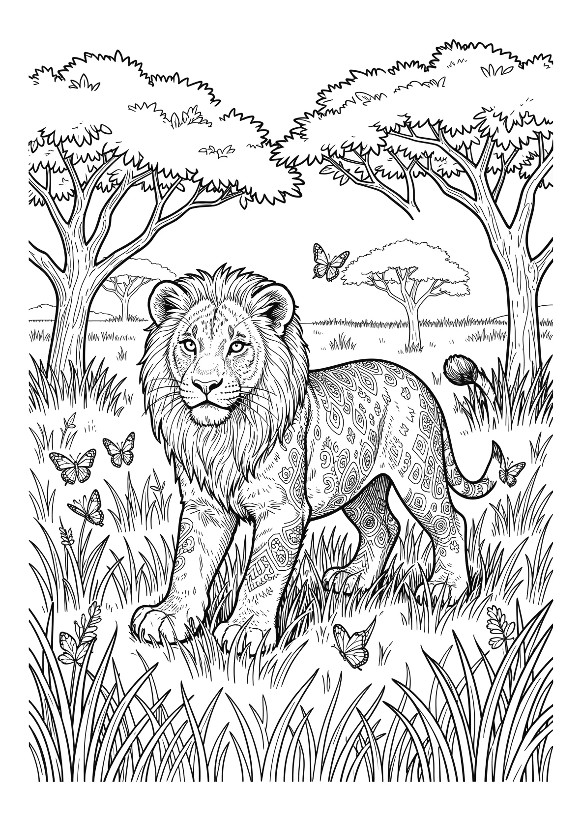 Ausmalbild Löwenjunges spielt im Gras - Ausmalbild aus der Kategorie Tiere - kostenlos ausdrucken