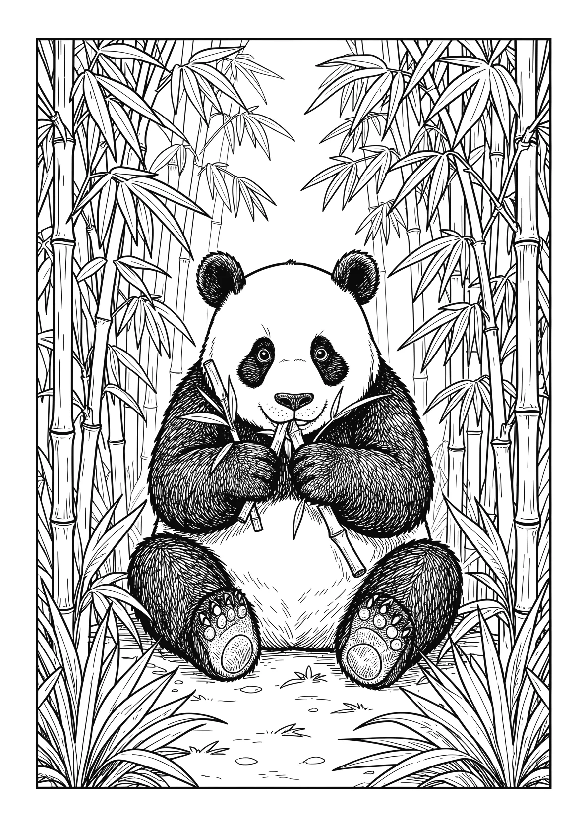 Ausmalbild Panda sitzt im Bambuswald - Ausmalbild aus der Kategorie Tiere - kostenlos ausdrucken