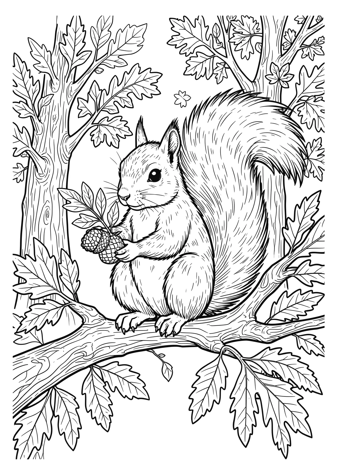 Ausmalbild Eichhörnchen sitzt auf einem Ast - Ausmalbild aus der Kategorie Tiere - kostenlos ausdrucken